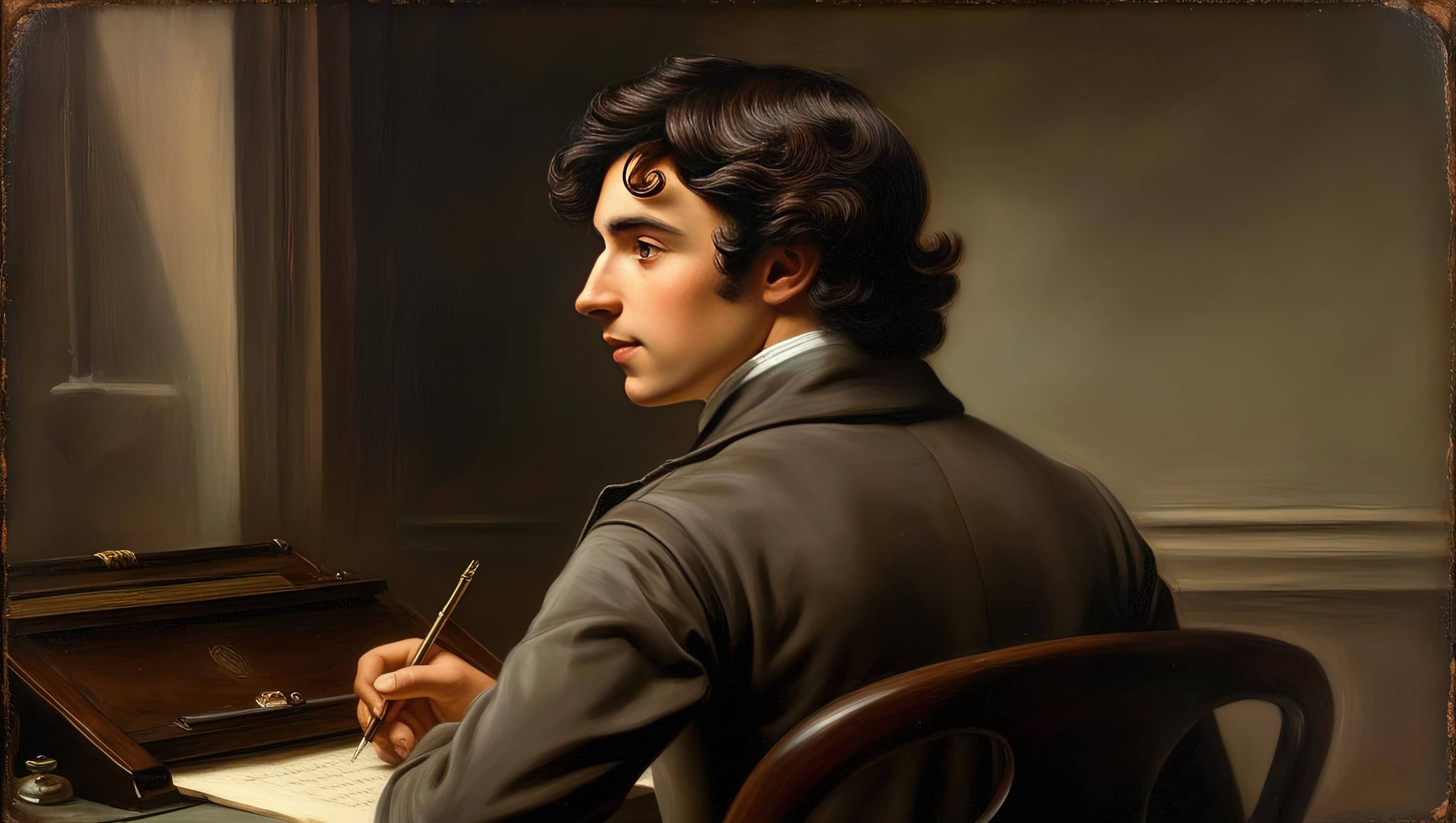 oil painting style image of a young Victorian era man seen from behind at a writing desk