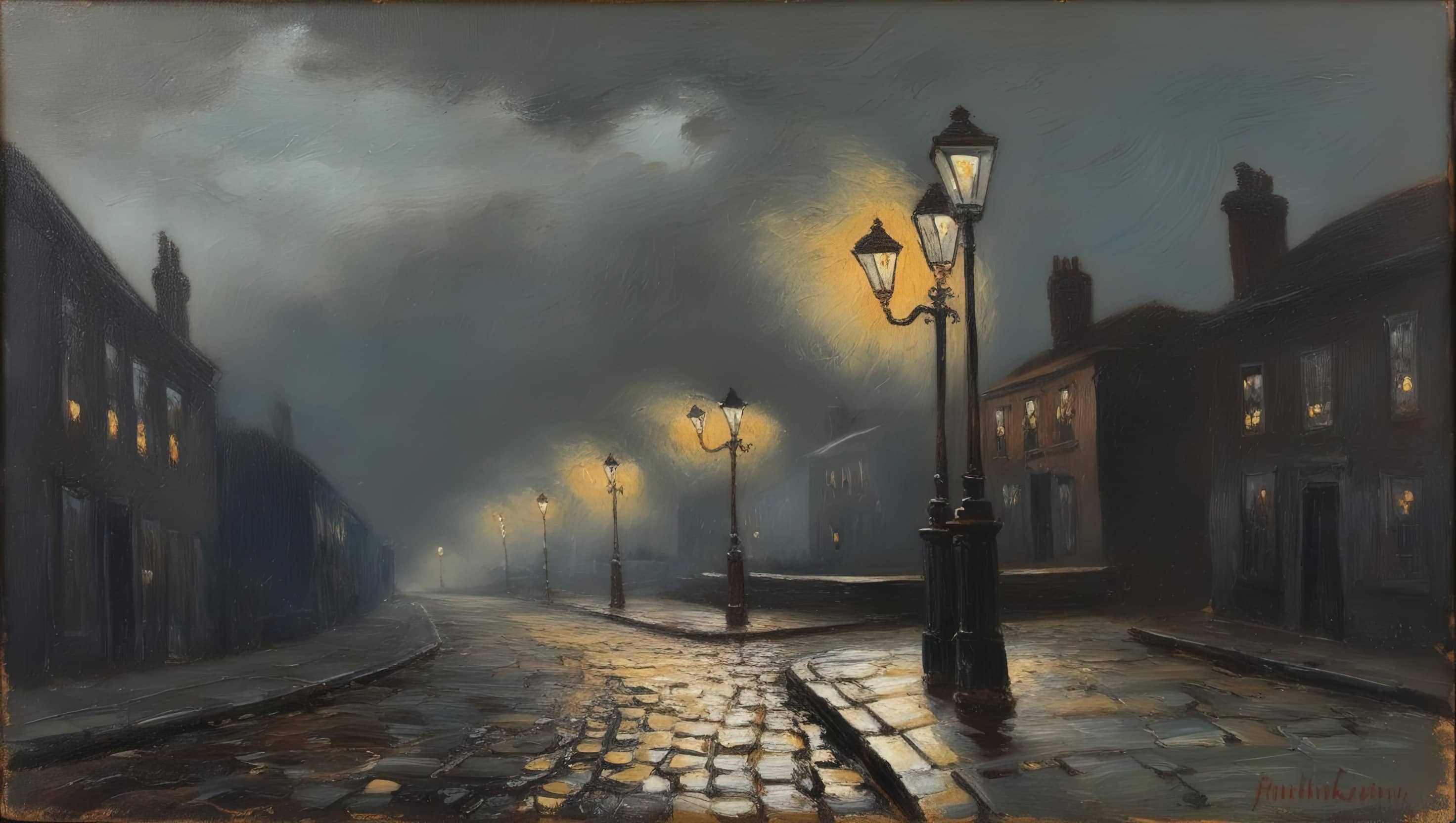 oil painting style image of a Victorian street scene: Cobblestone roads, gas lamps, and foggy skies