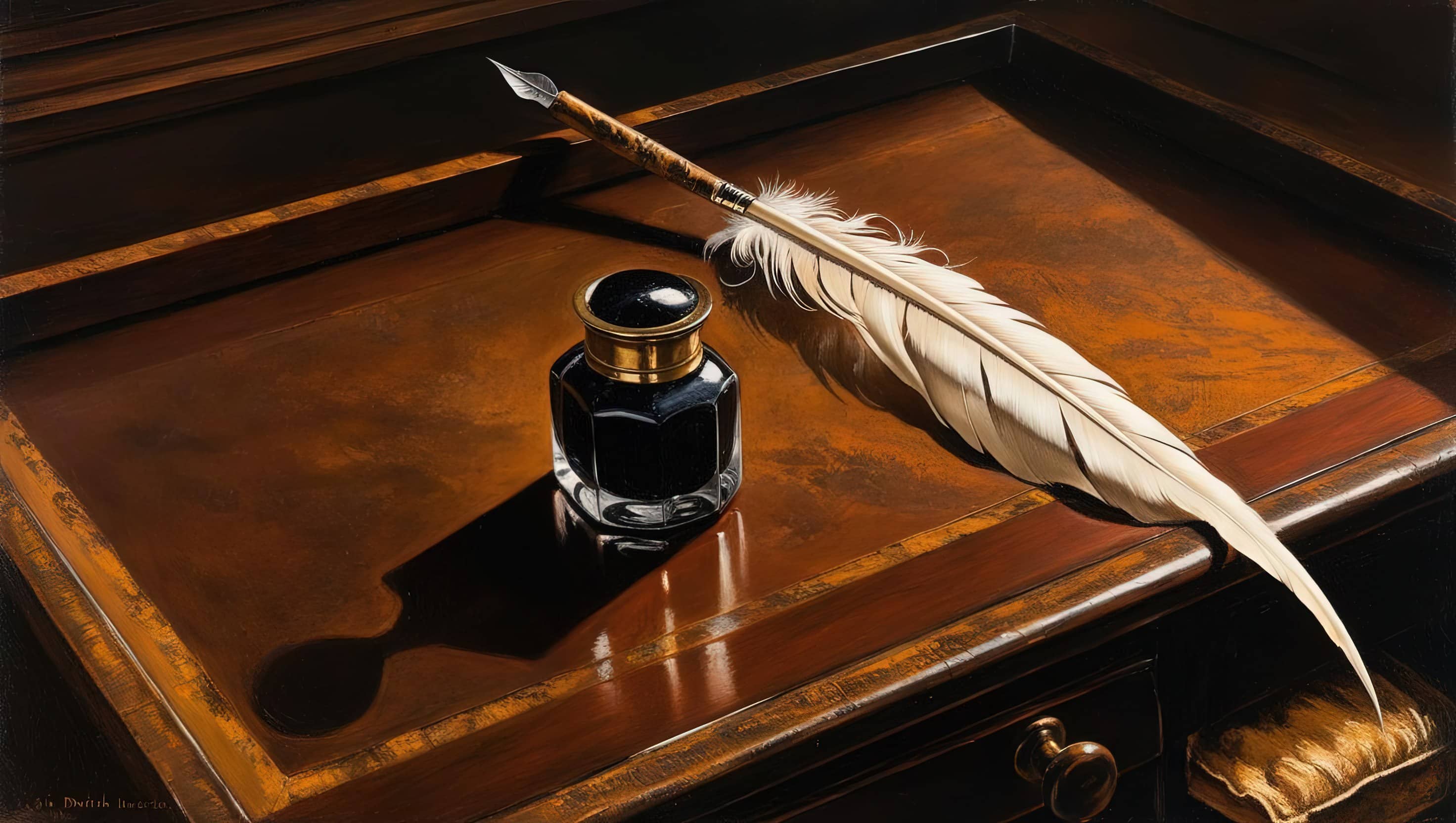 oil painting style image of a quill and inkpot on a wooden desk