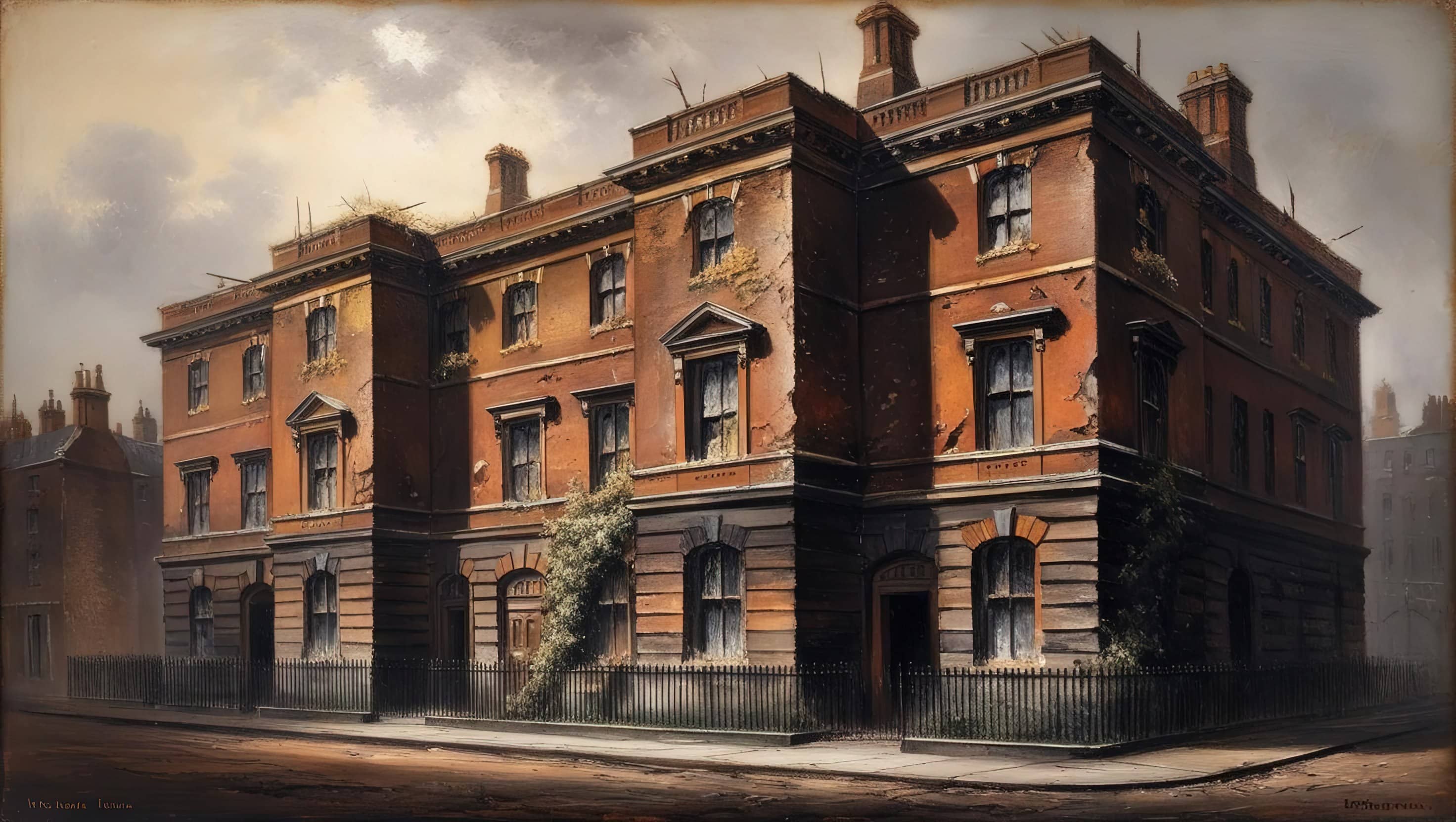 oil painting style image of a crumbling workhouse facade in victorian london