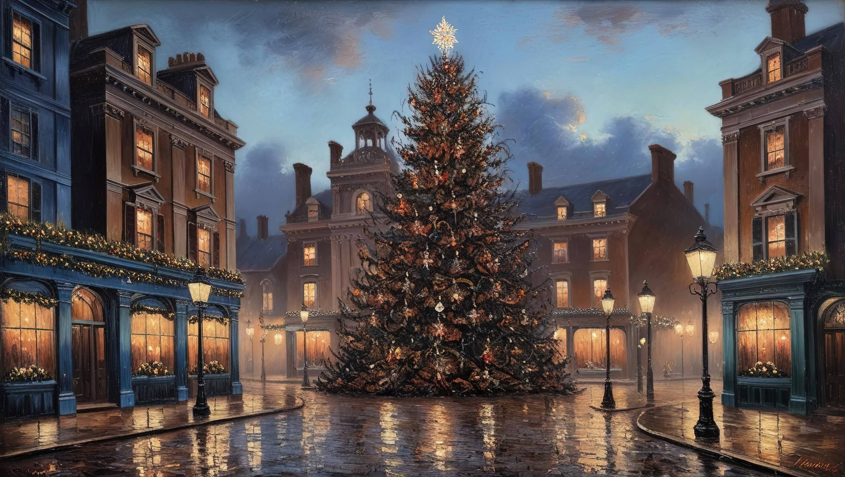 oil painting style image of a victorian town square with a large xmas tree