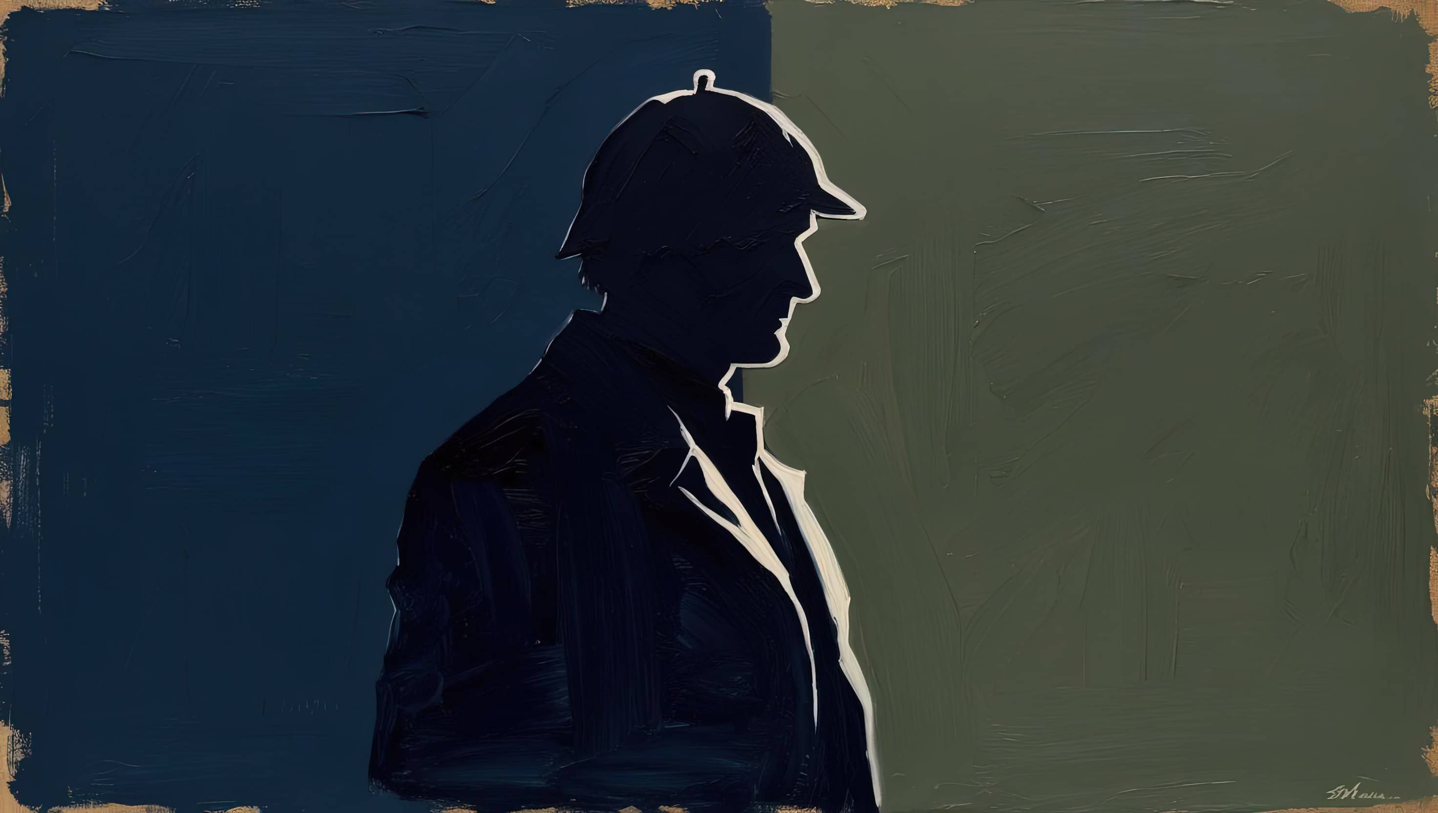 oil painting style image of a sherlock holmes style silhouette on a navy background