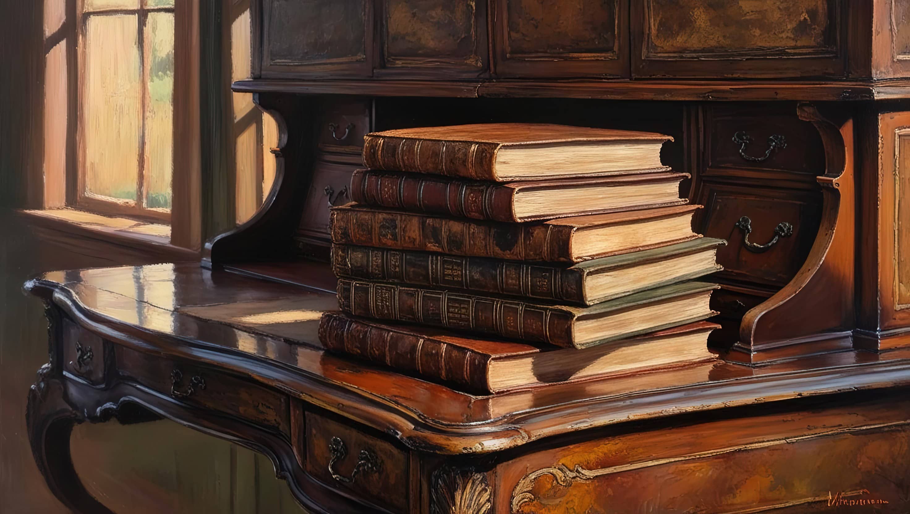 oil painting style image of a stack of old books on an antique desk