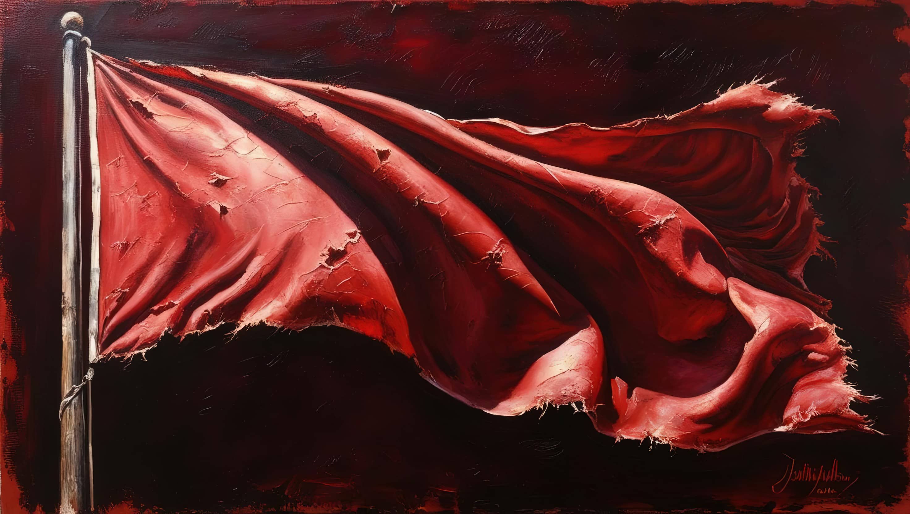 oil painting style image of a flying worn red flag on a darker red background