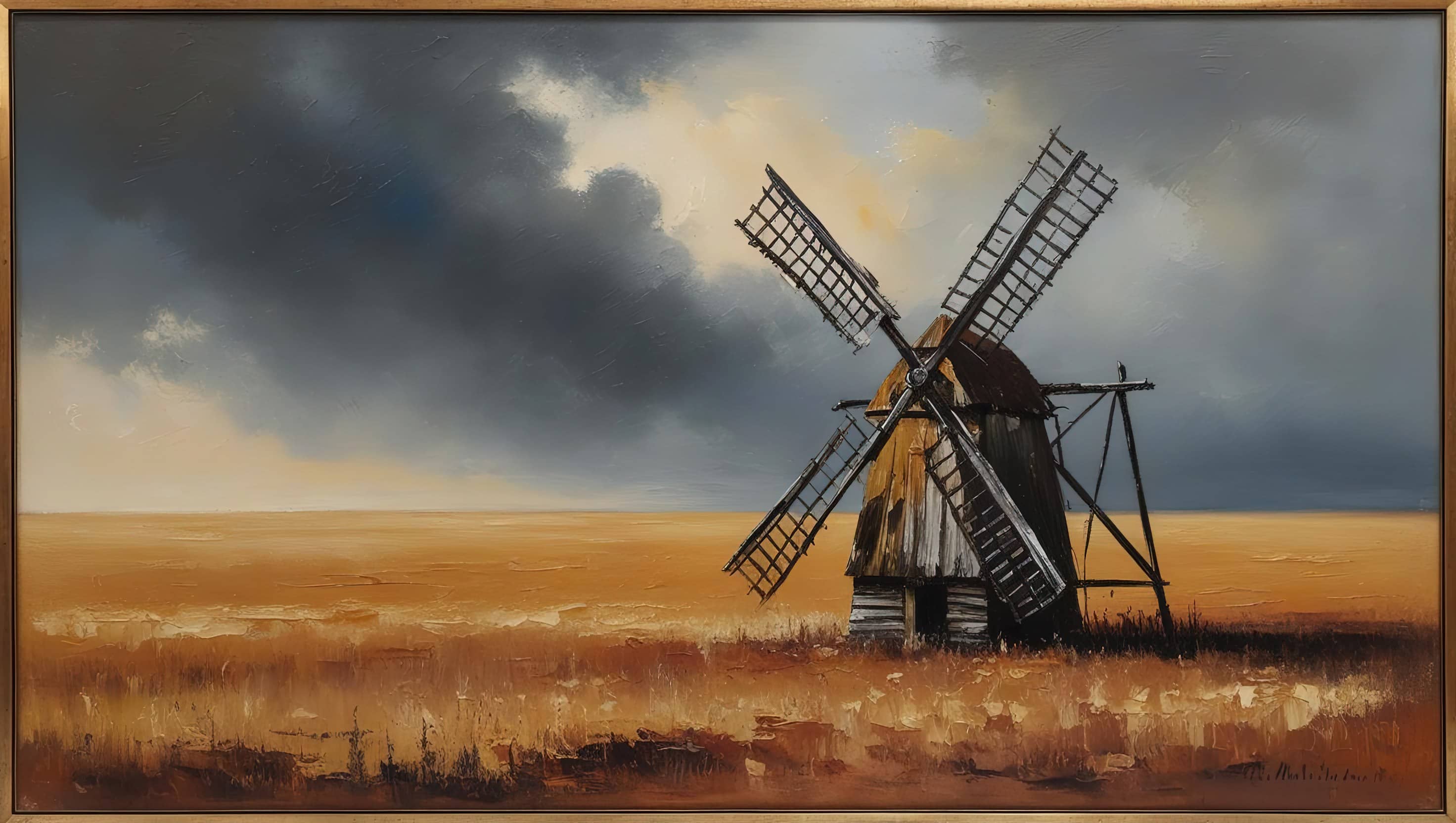 oil painting style image of an old windmill in a field