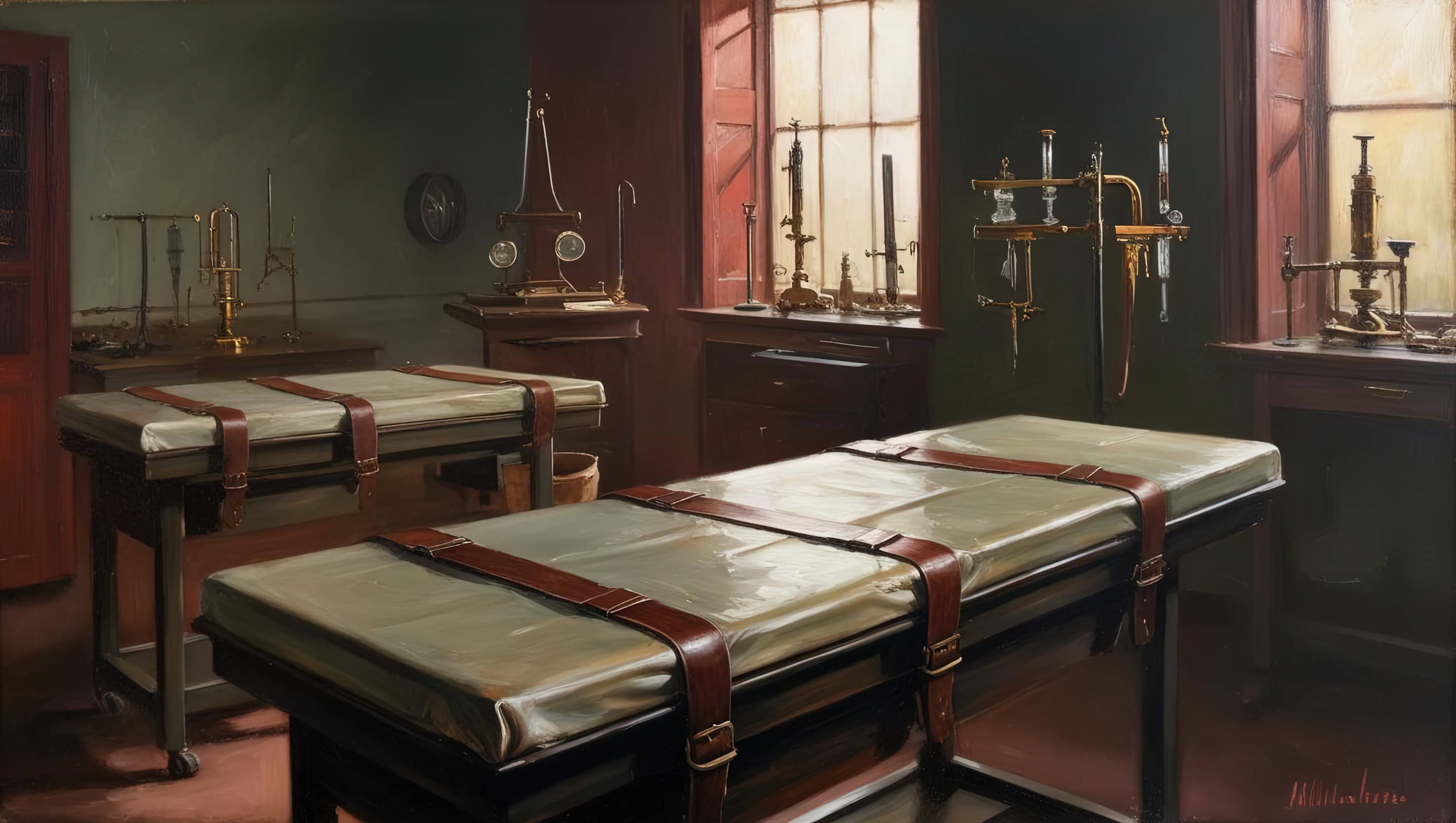 oil painting style image of an old lab room with a examination table with straps on it