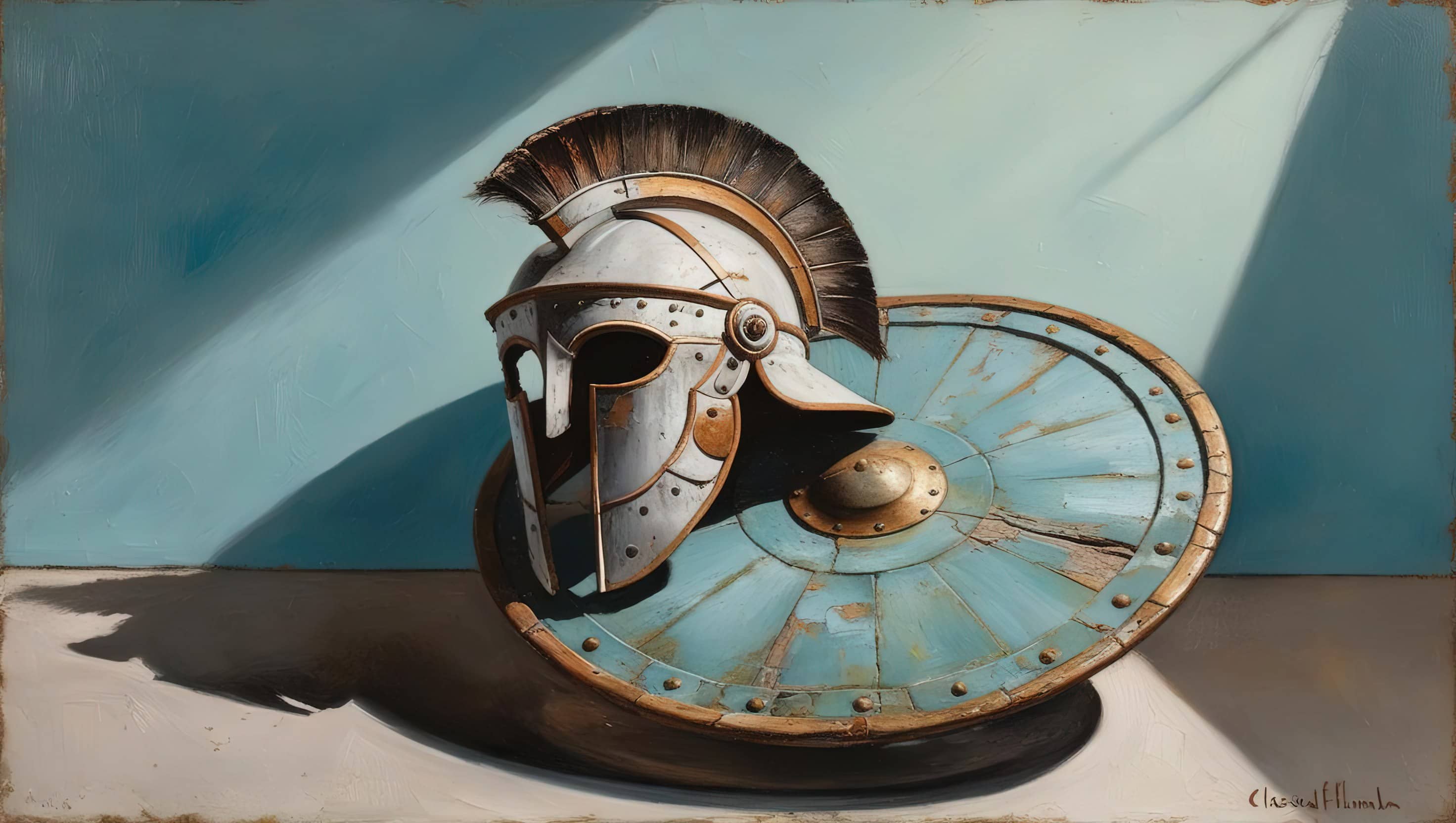 oil painting style image of an ancient greek warrior’s helmet and shield on a soft blue background