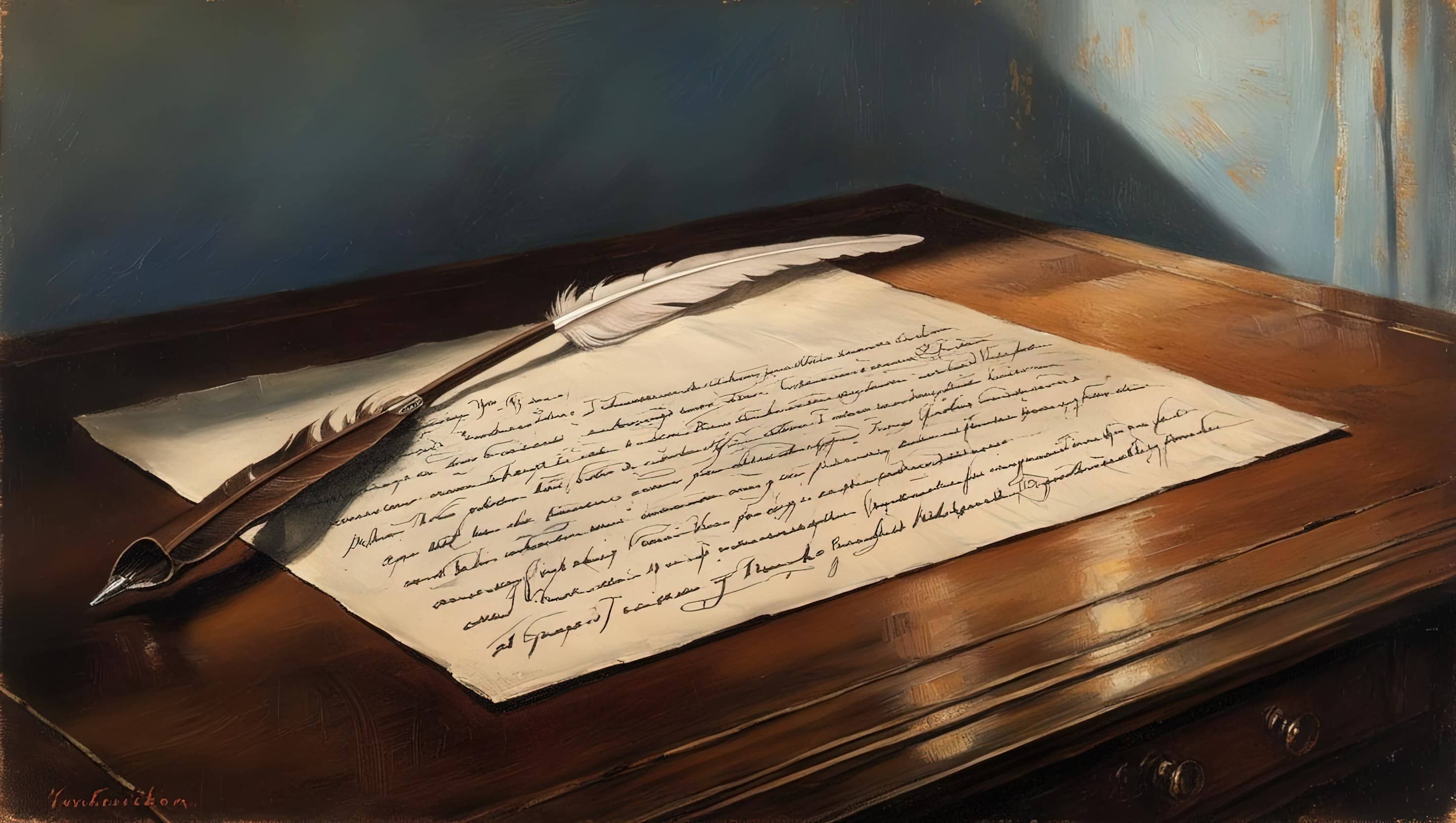 oil painting style image of a handwritten letter with a quill pen on a desk with a soft blue background