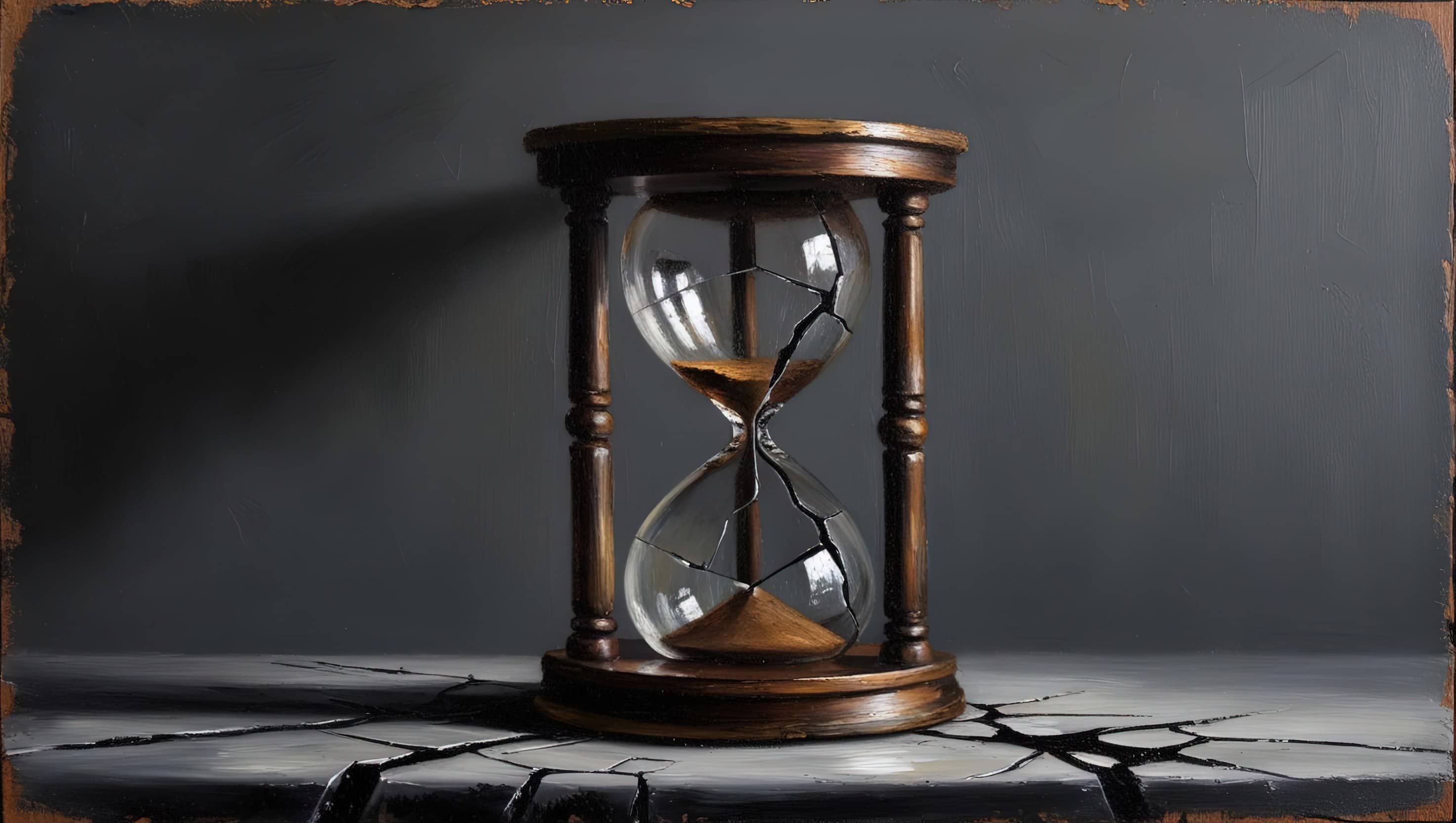 oil painting style image of a cracked hourglass on a dark grey background