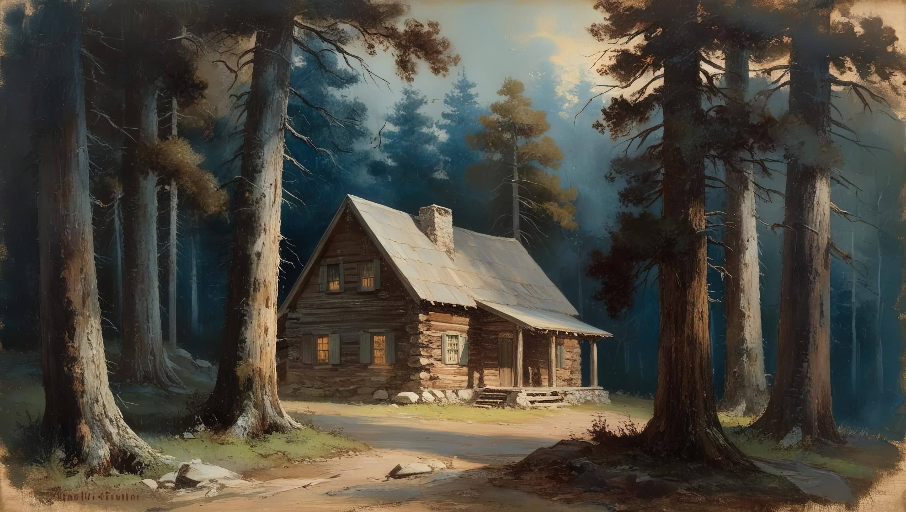 oil painting style image of a rustic cabin surrounded by trees