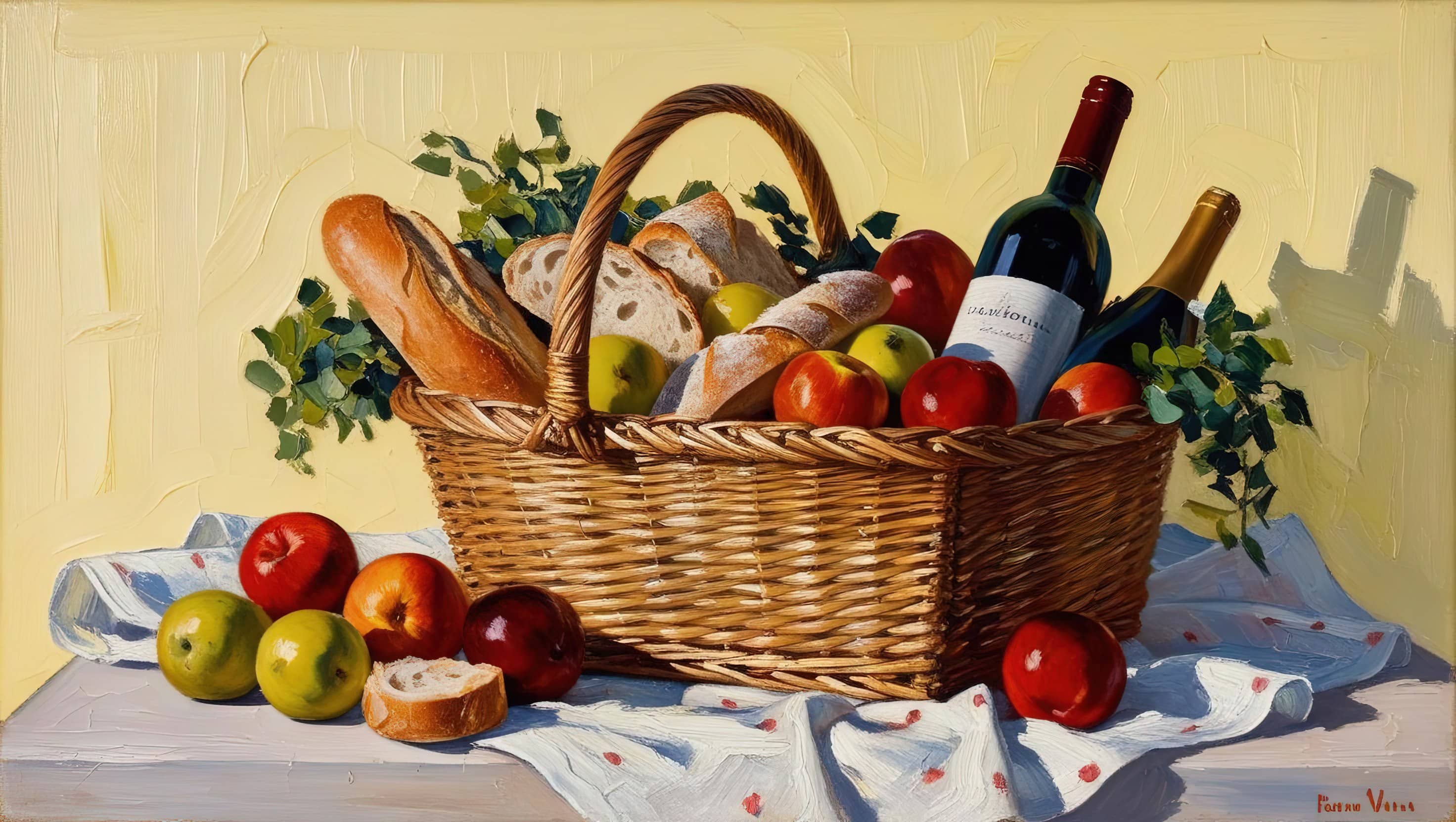 A picnic basket on a soft yellow background