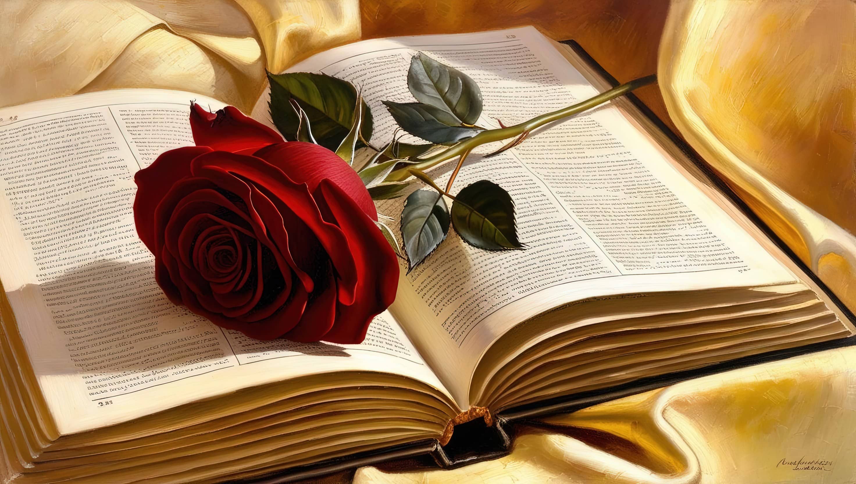 an open book with a rose laying on top