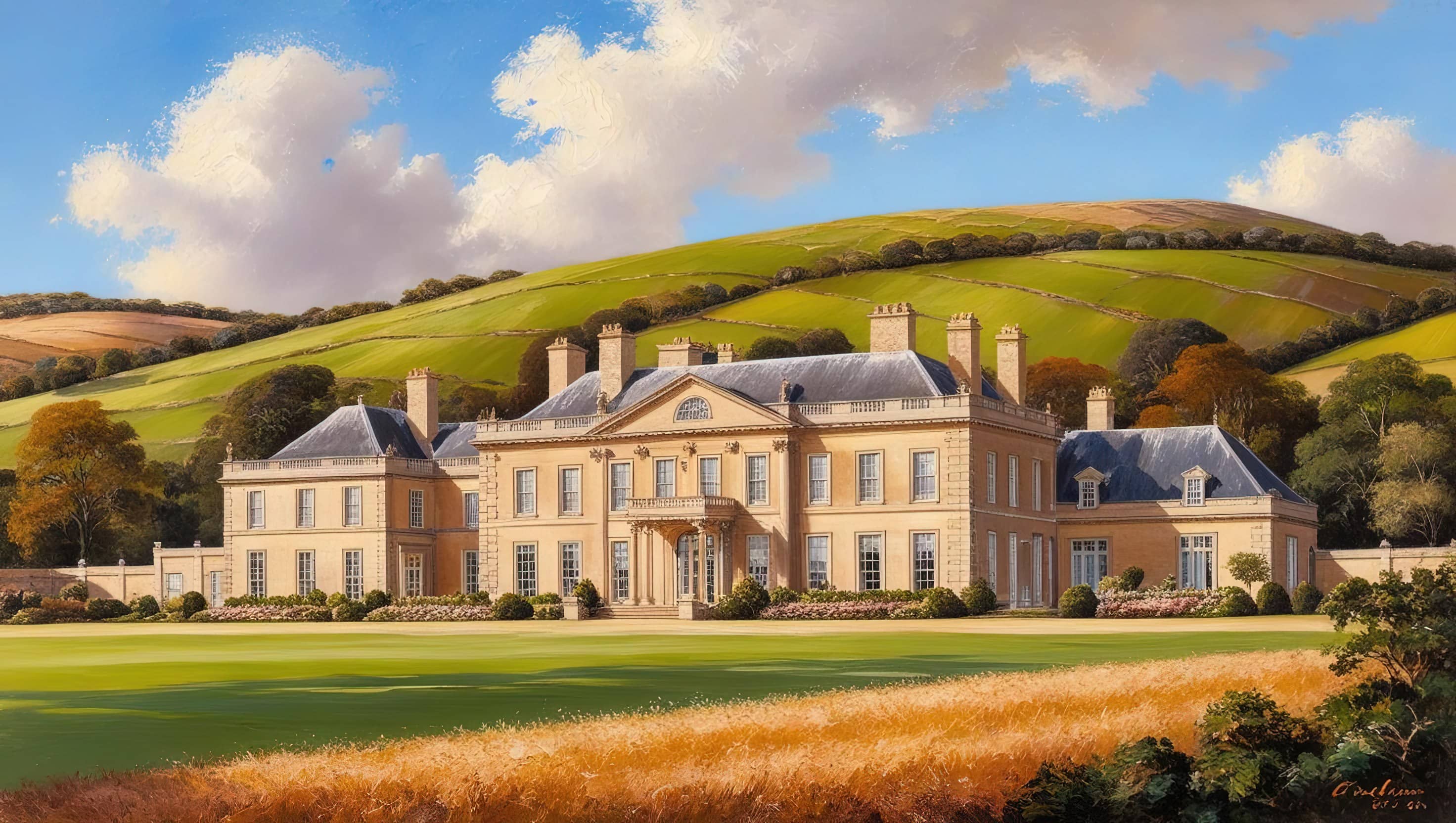 A grand country estate on a background of a rolling countryside