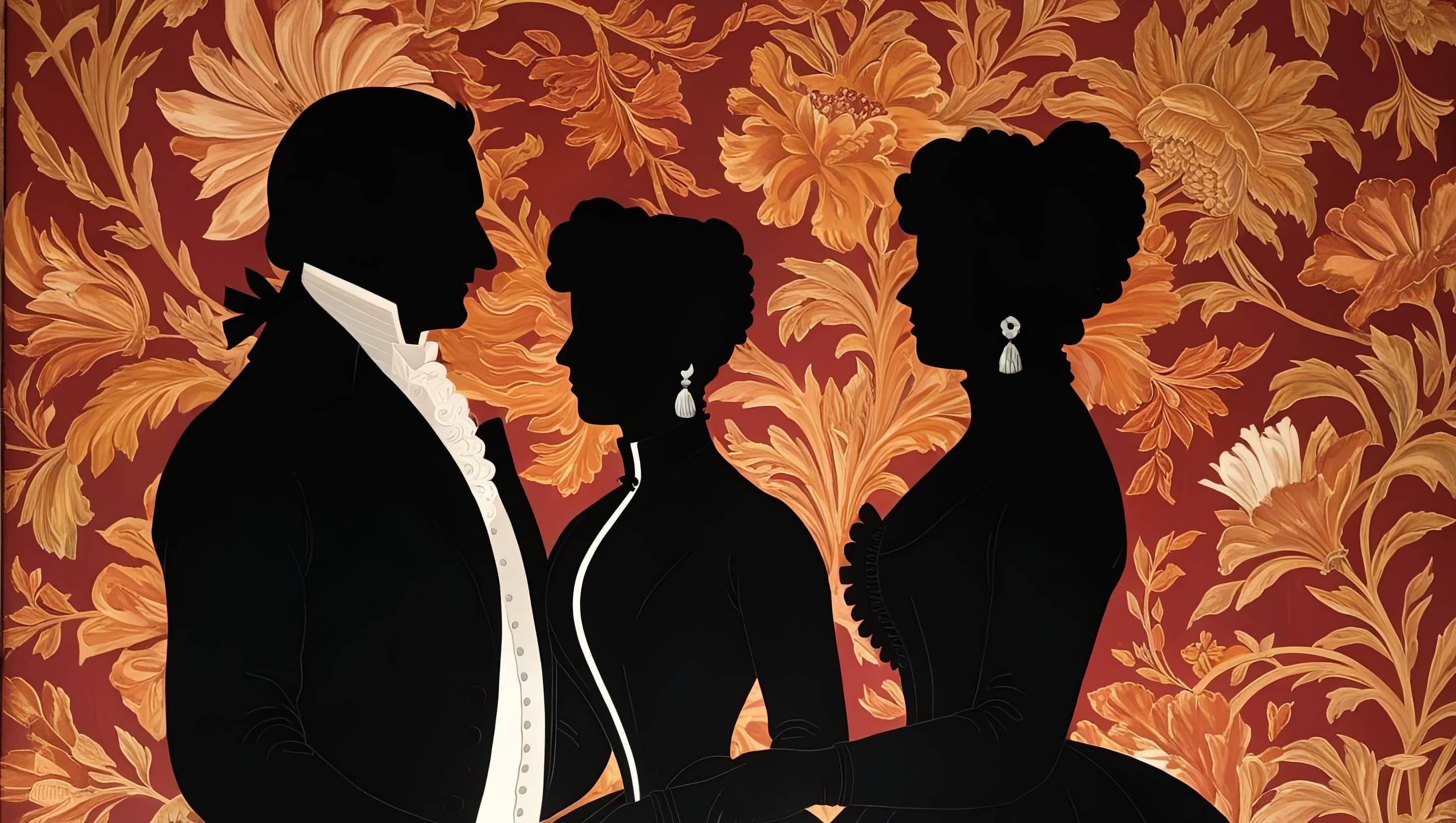 A stylised black silhouette of a man and woman in Regency-era attire on a floral pattern wallpaper