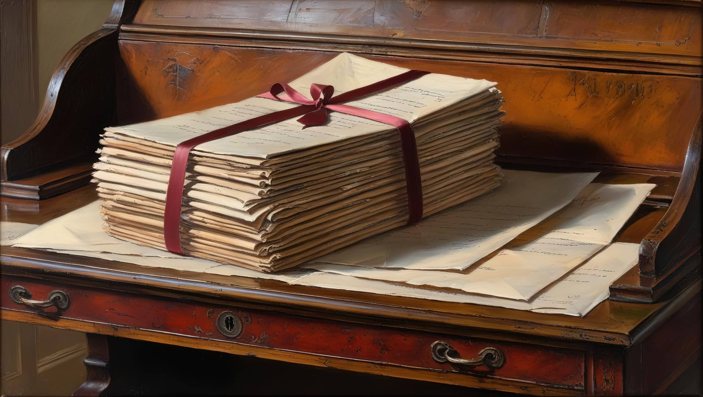 Stack of letters tied with ribbon on an antique desk