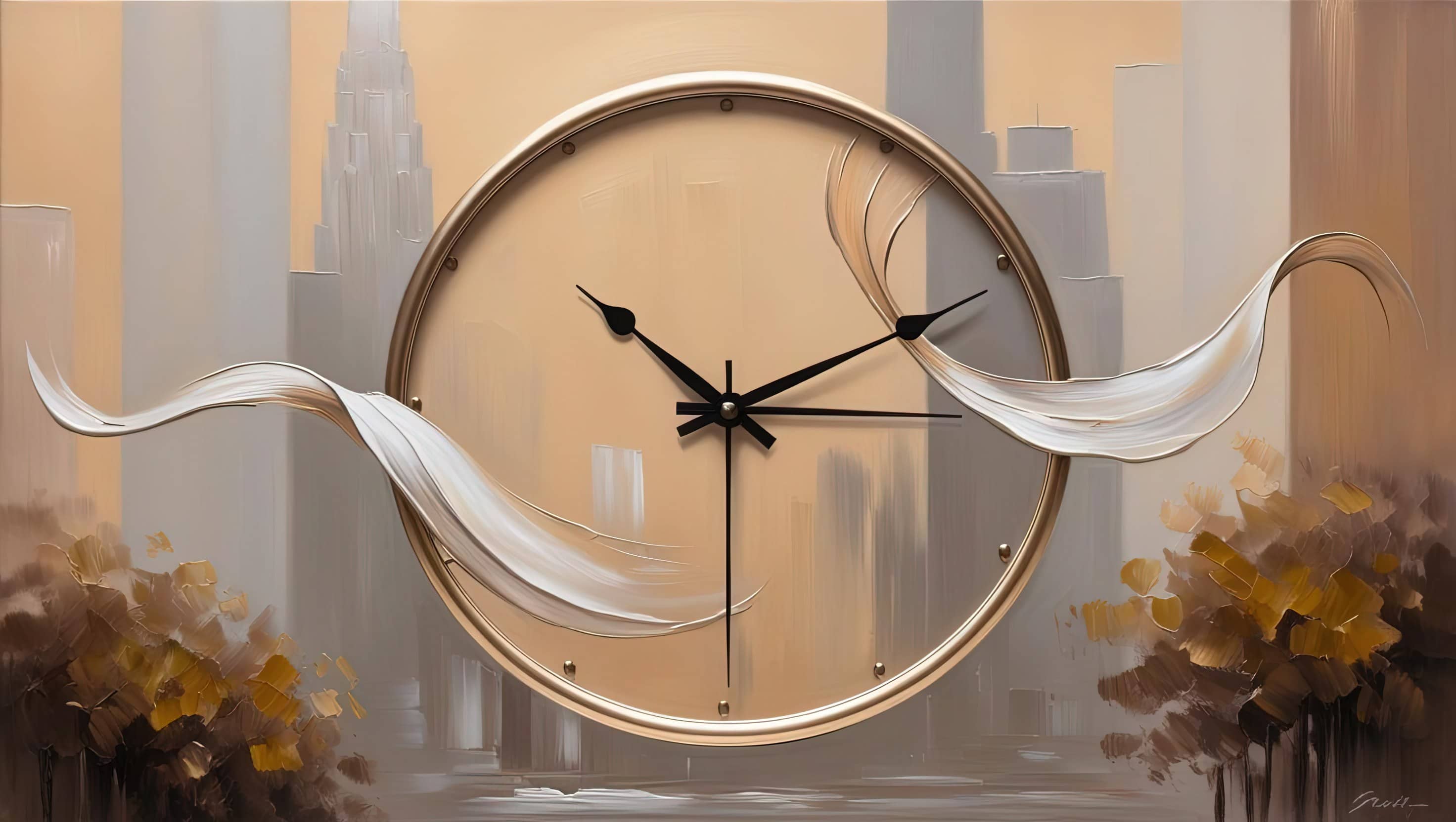 A clock with a background of a soft blurred cityscape