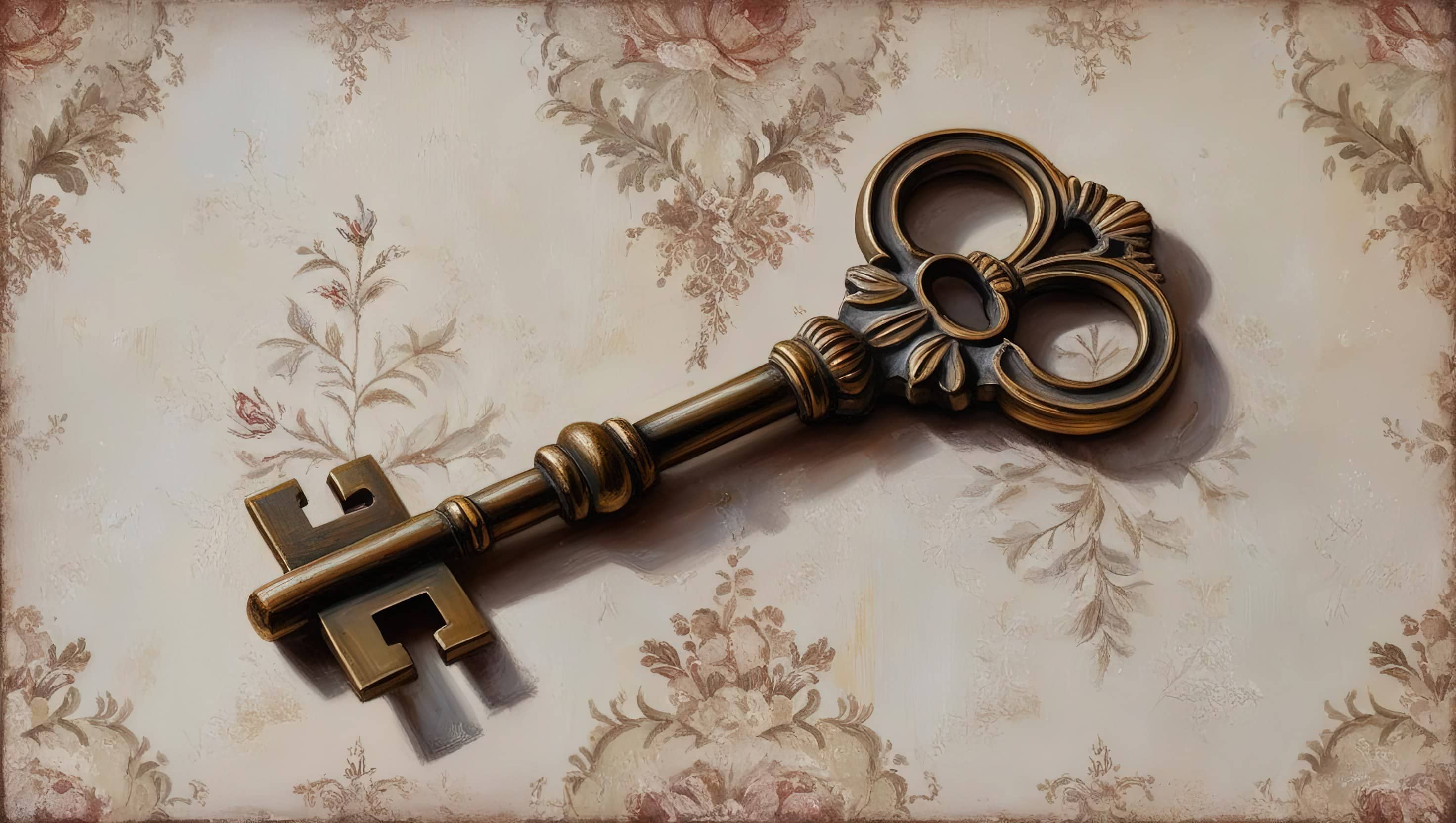 vintage key on a background of victorian era wallpaper