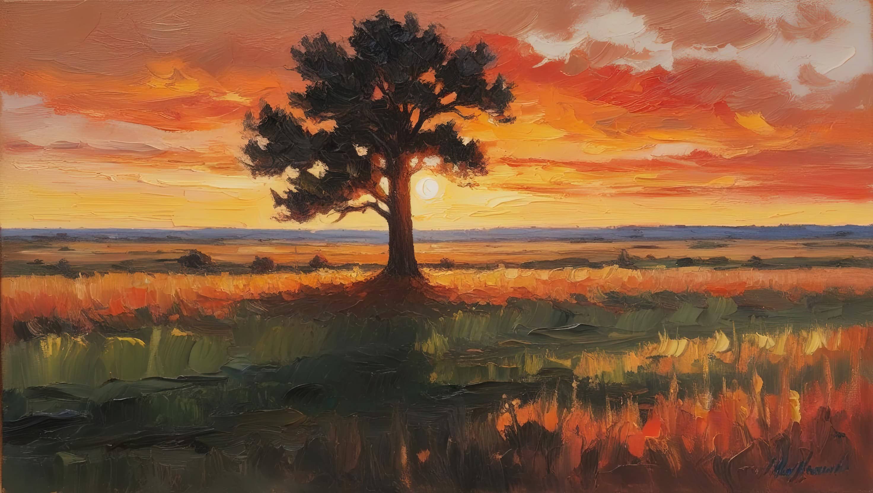 an open prairie range with a lone tree on a sunset background