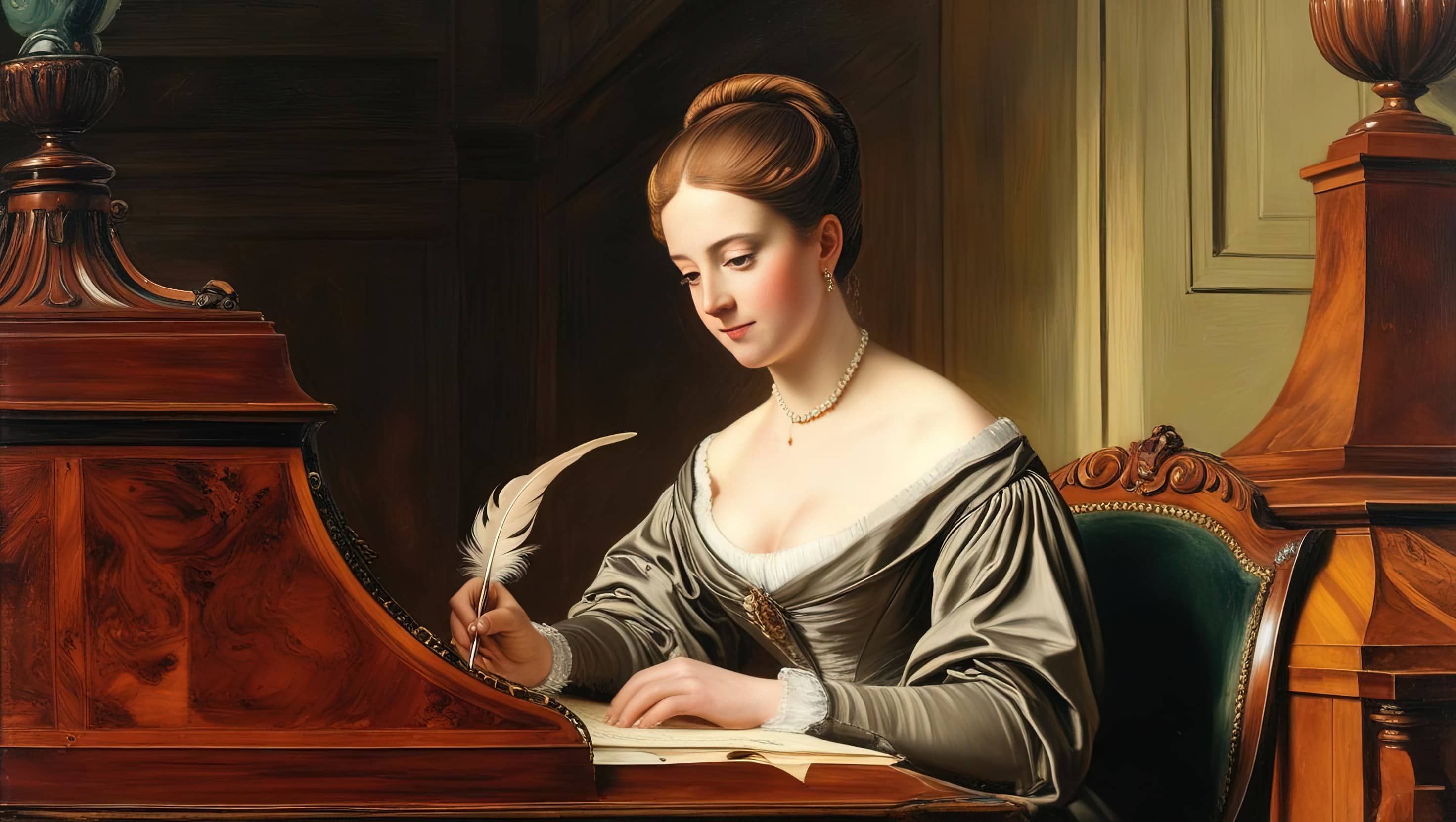 Illustration of a Victorian era woman sitting at a desk, writing