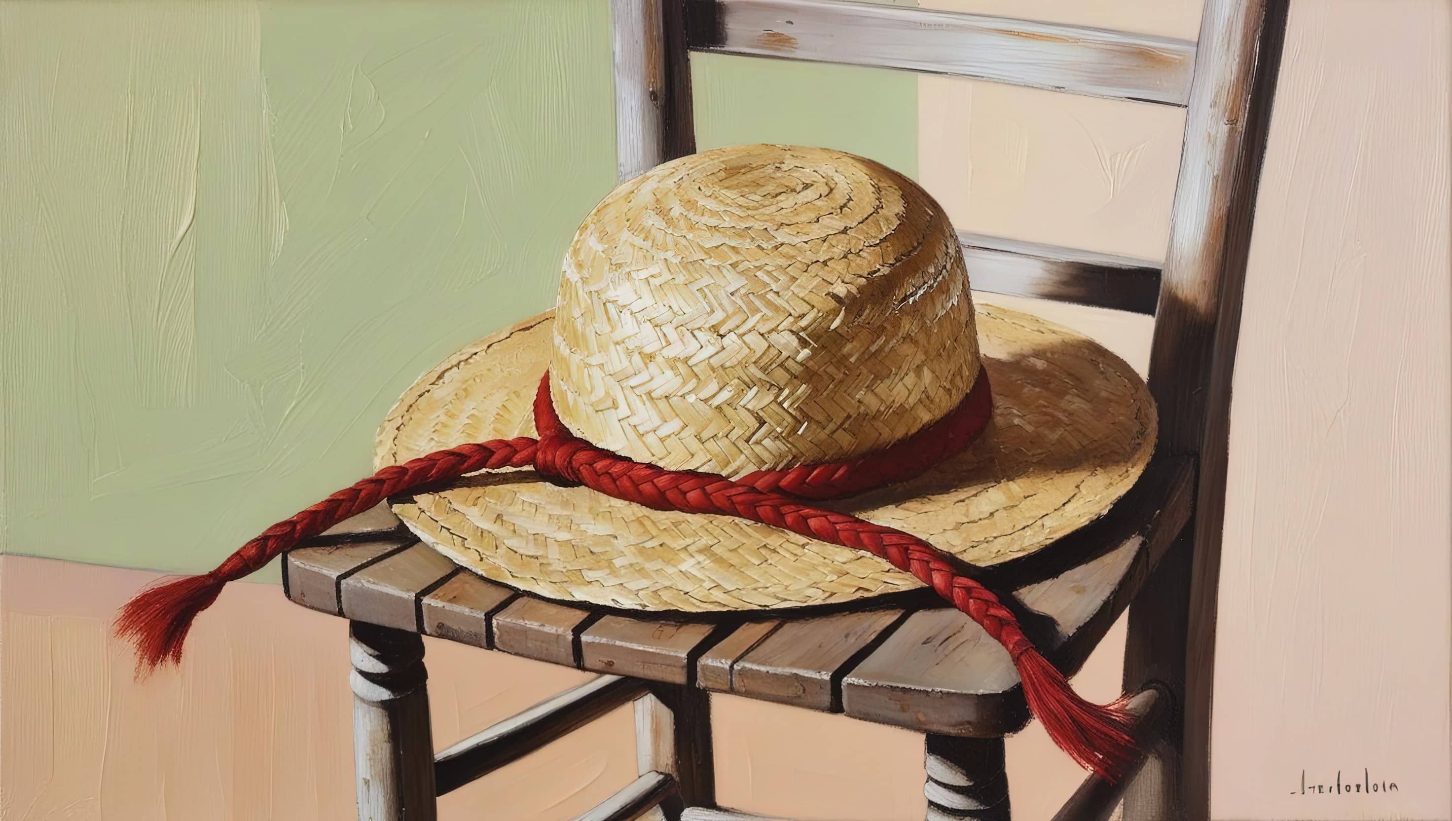 A simple straw hat with red braids on a wooden chair