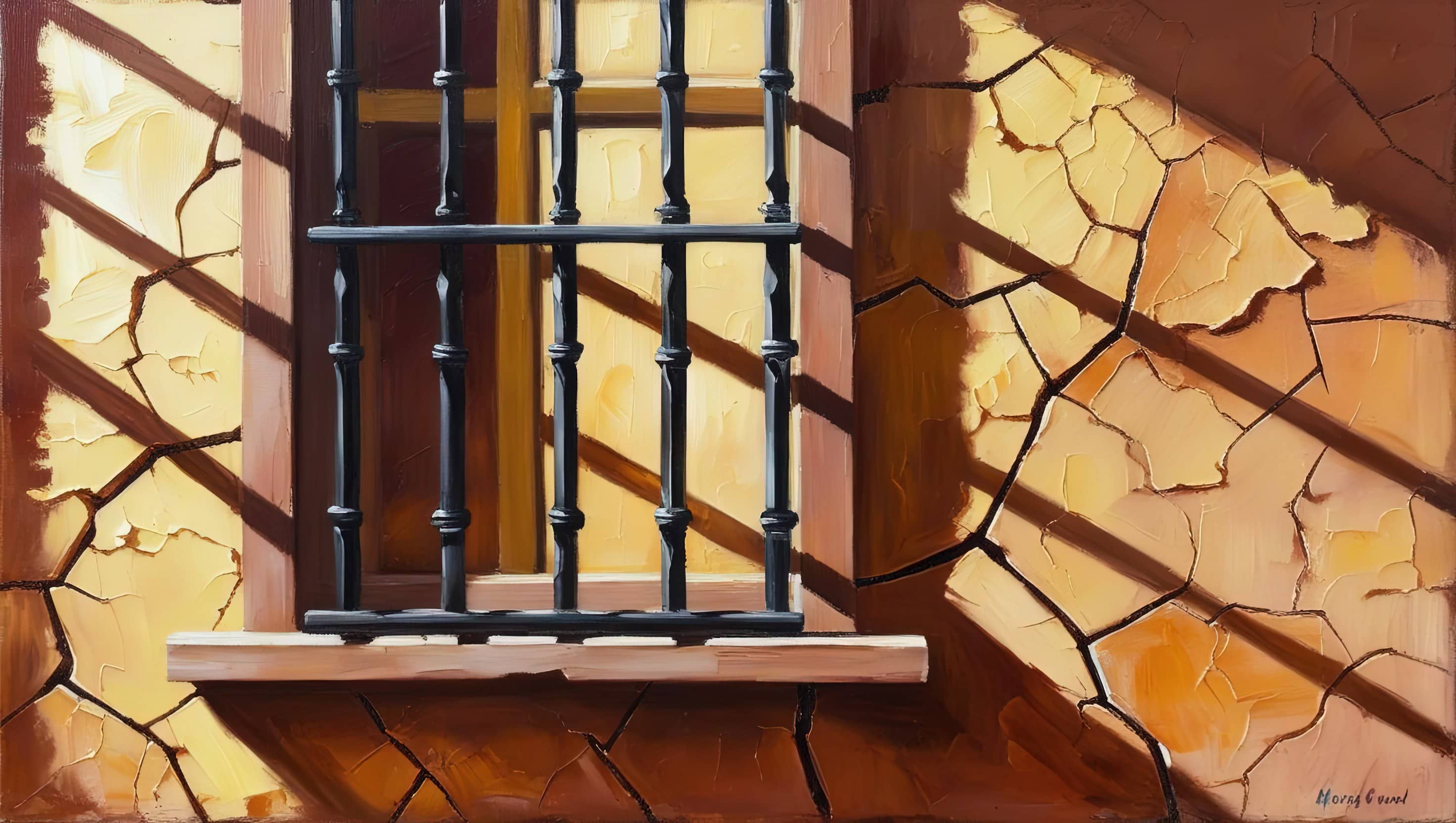 A window with bars on the frame on a background of cracked yellow wallpaper