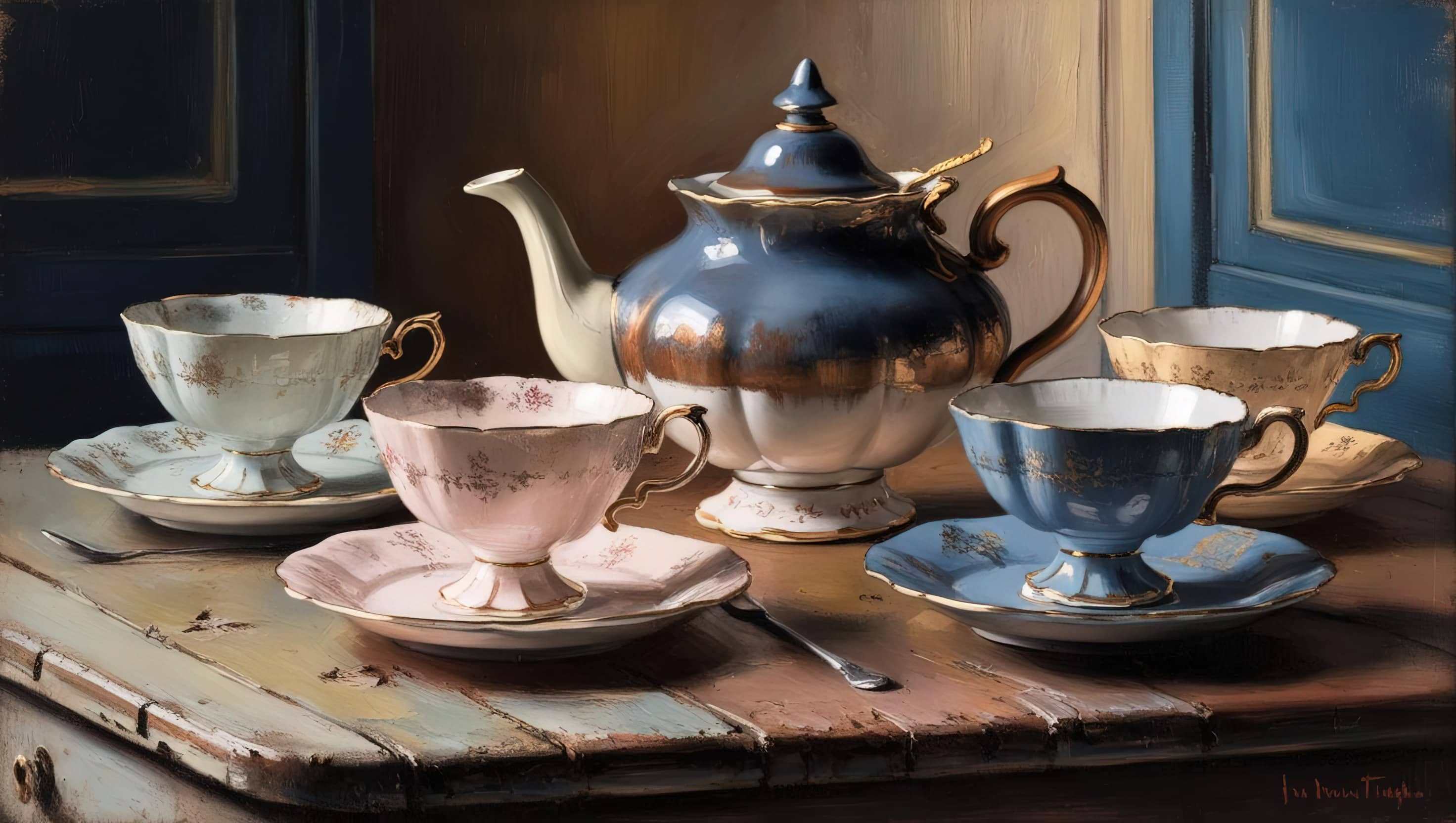 oil painting style image of a tea party setting with teacups and a teapot