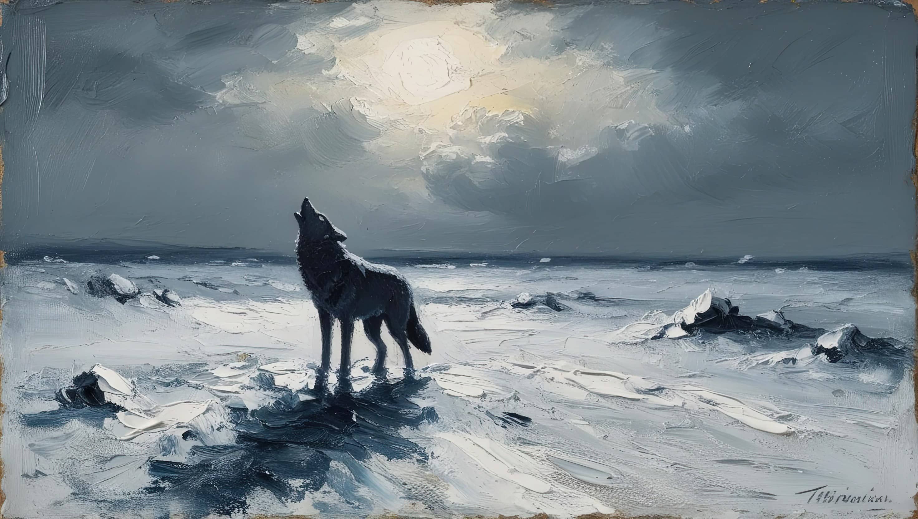 oil painting style image of a snowy, vast landscape with a howling wolf in the distance