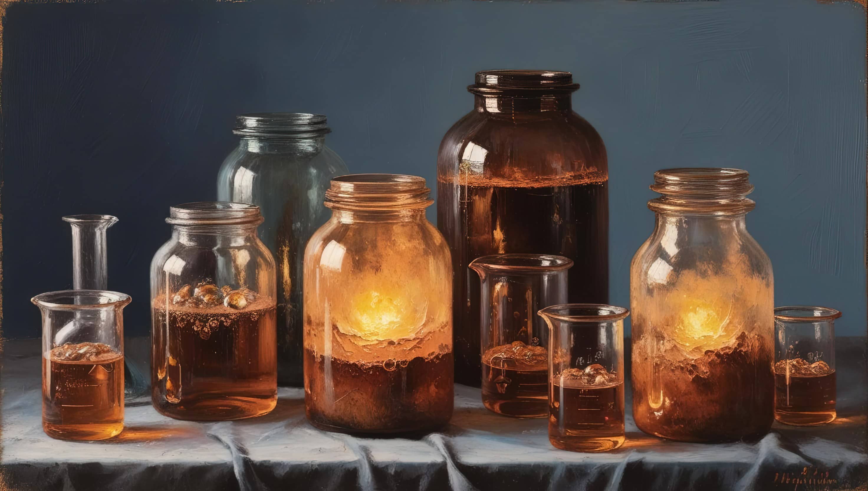 oil painting style image of a set of glowing jars or bubbling beakers on background of soft navy