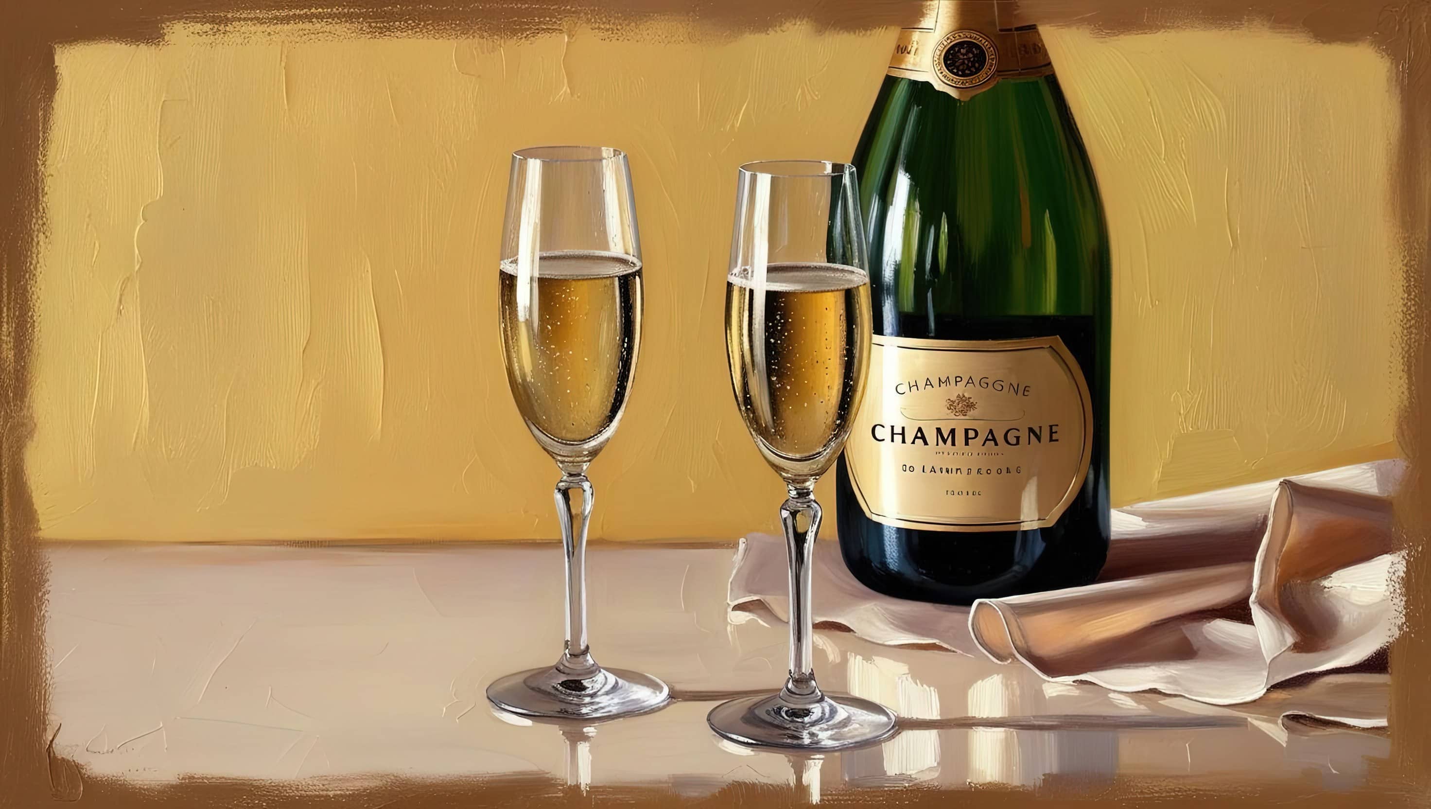 oil painting style image of two champagne glasses and a bottle of champagne, on a background of yellow