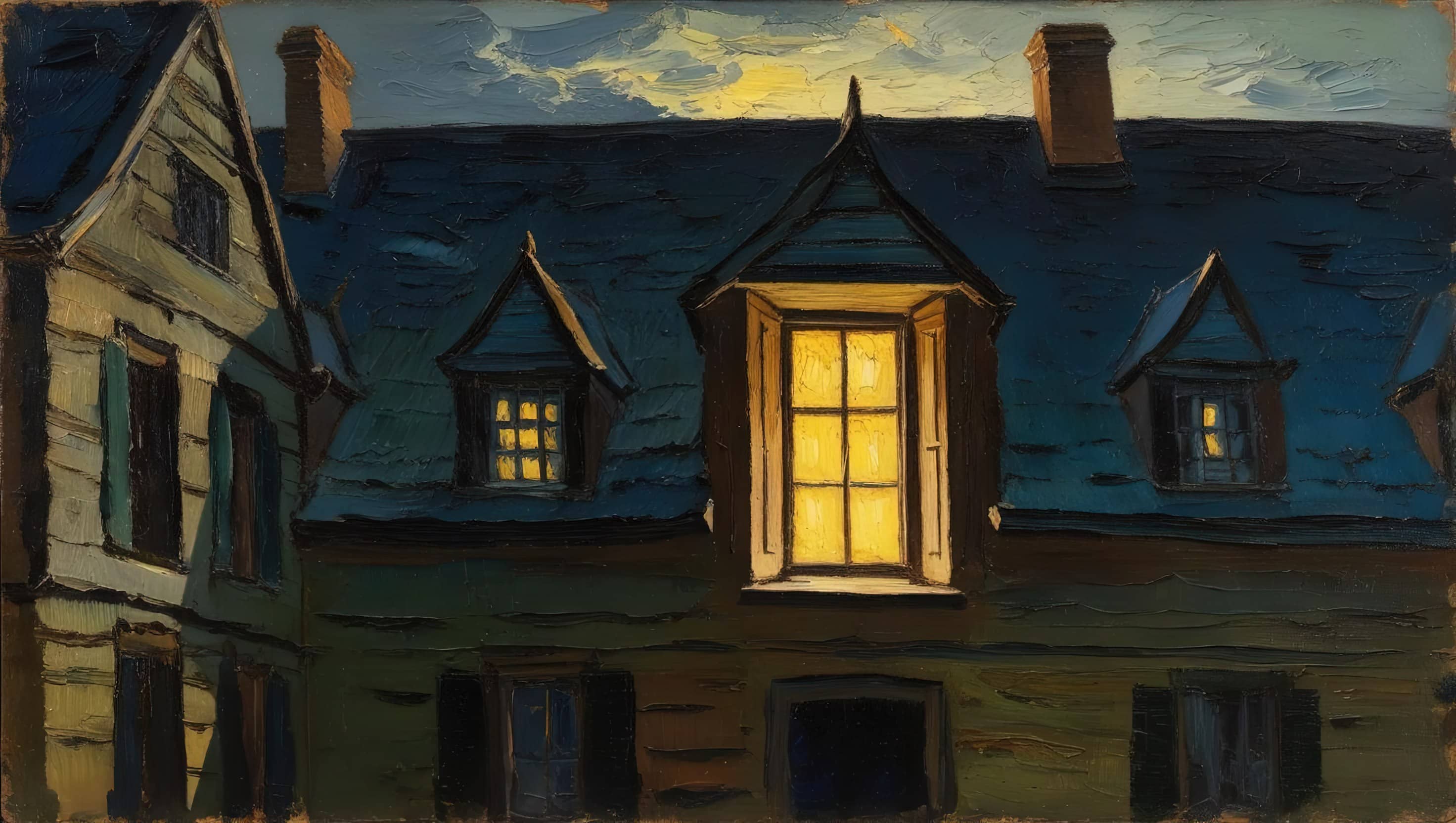 oil painting style image of a single lit attic window in an old mansion