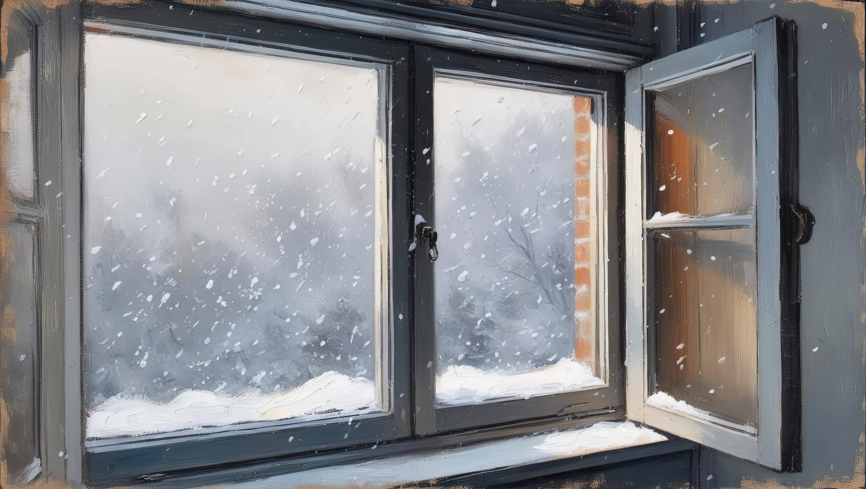 oil painting style image of a window with snow falling outside