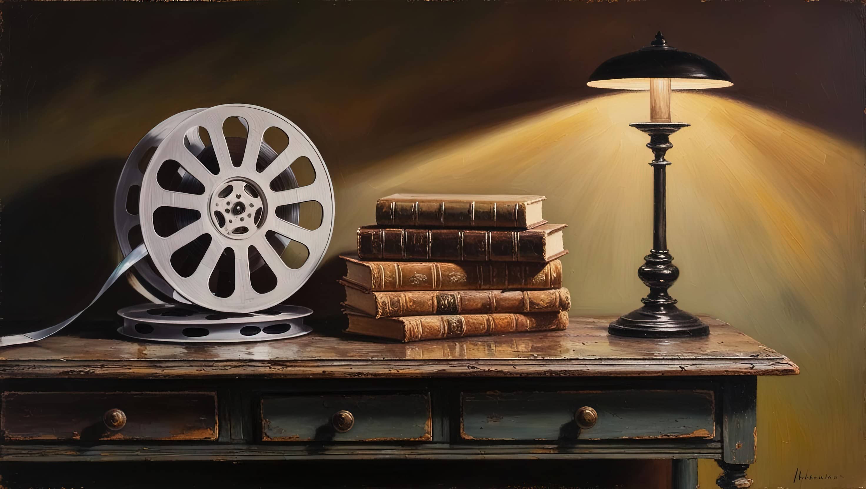 oil painting style image of an old movie reel laying next to a pile of books on an antique desk