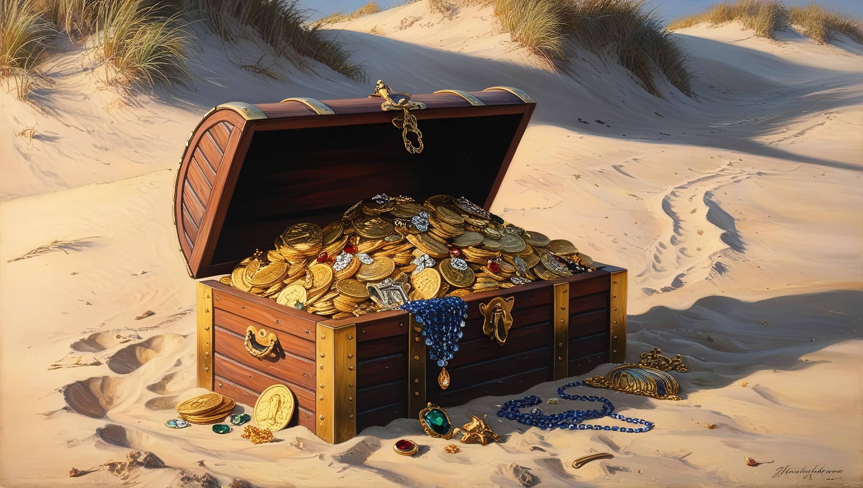 oil painting style image of a pirate's treasure chest, laying open on a sandy beach