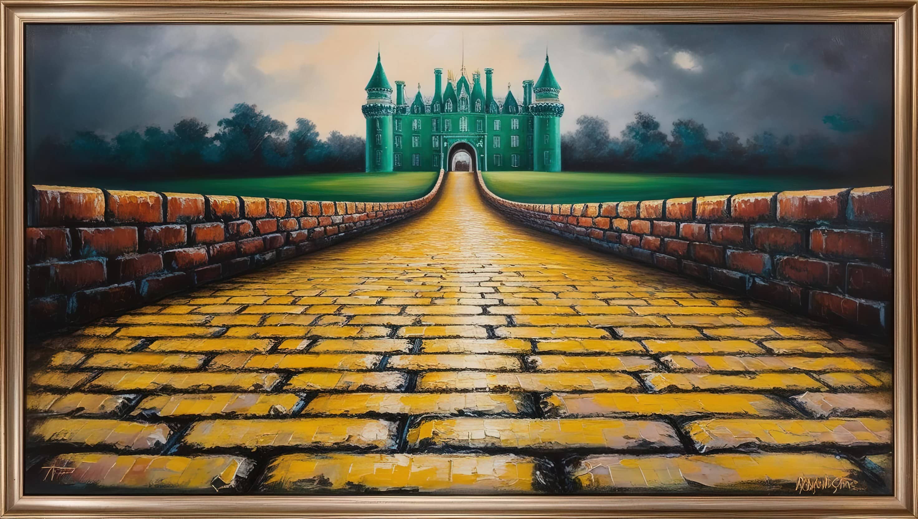 oil painting style image of a yellow brick road leading to a distant emerald palace