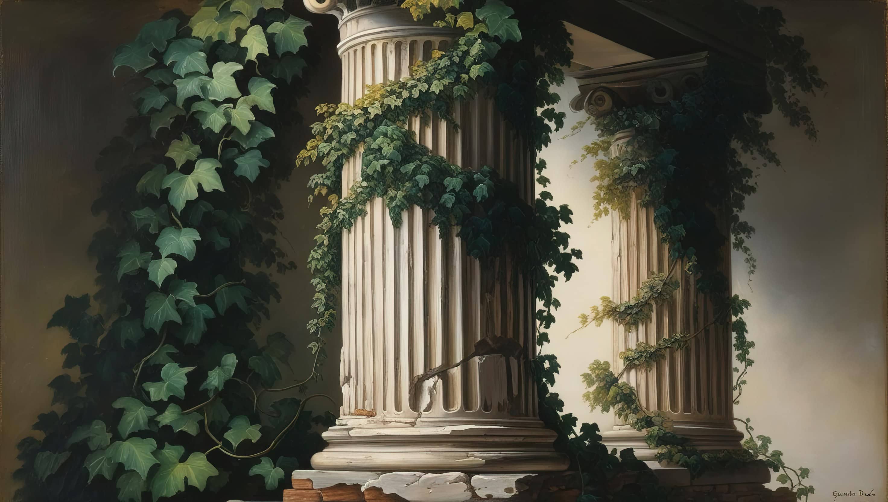 oil painting style image of a crumbling Roman column with ivy growing over it