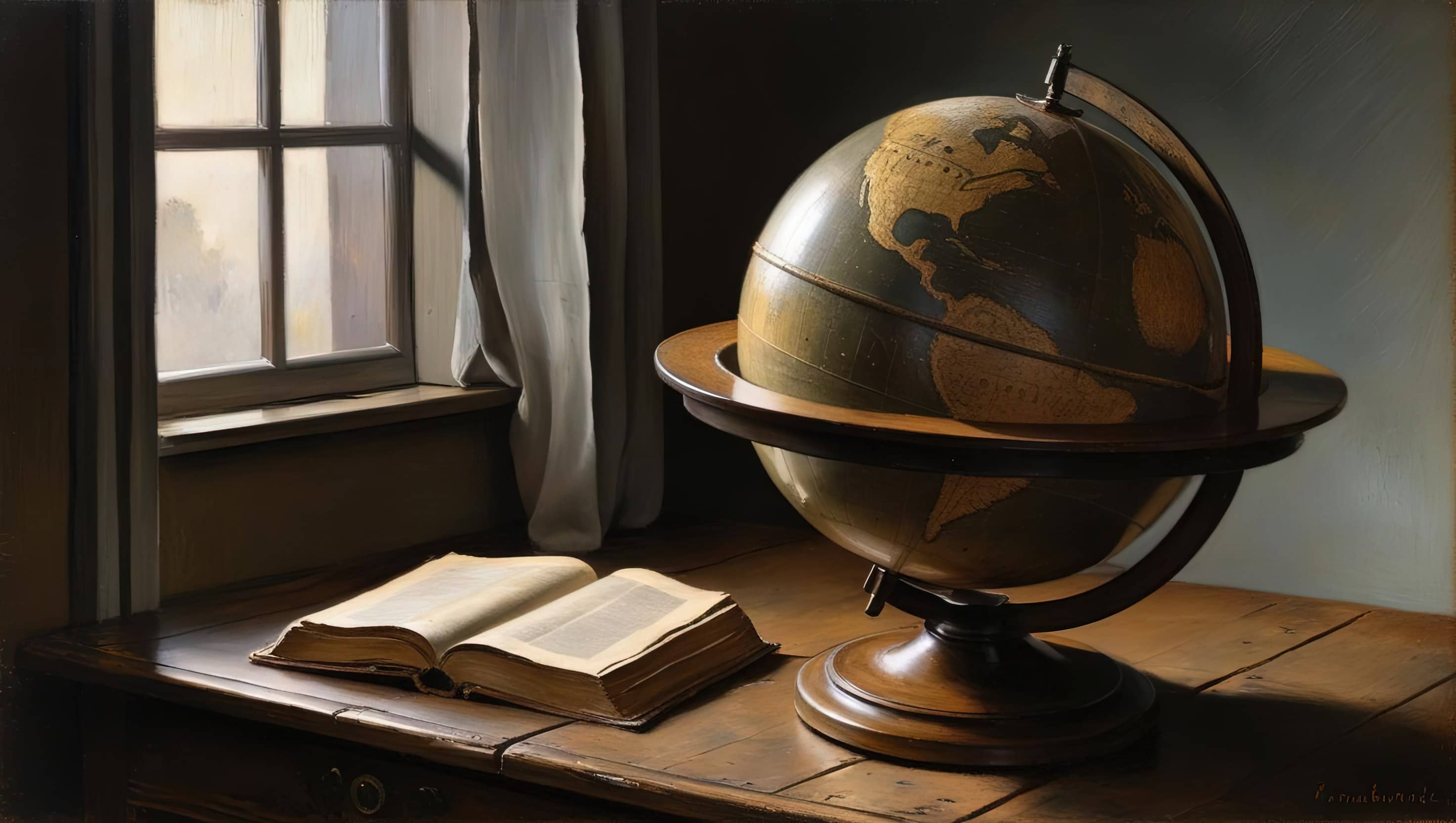 oil painting style image of a globe on an old wooden desk with an open book beside it