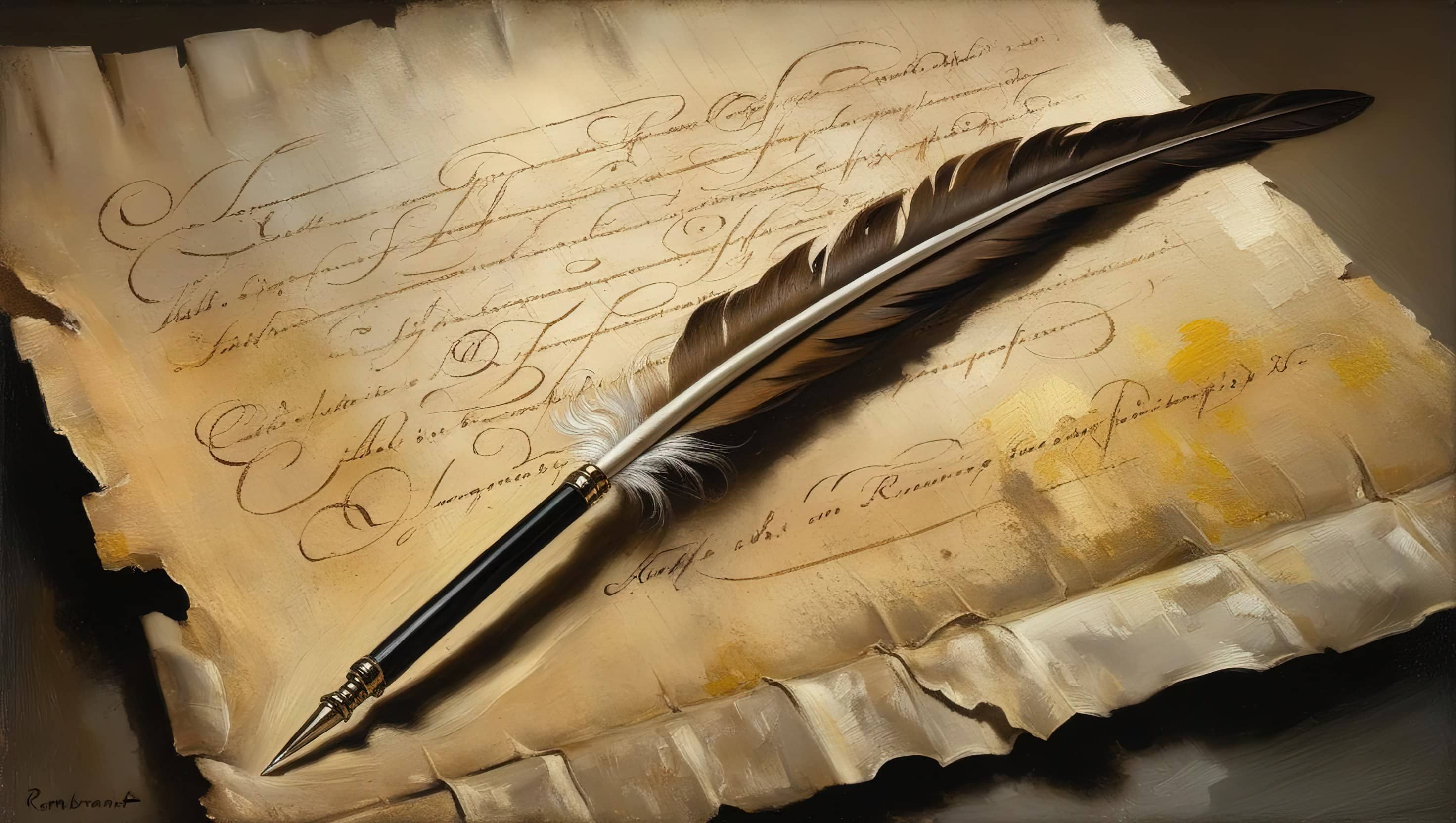 oil painting style image of quill pen resting on a parchment with faint writing