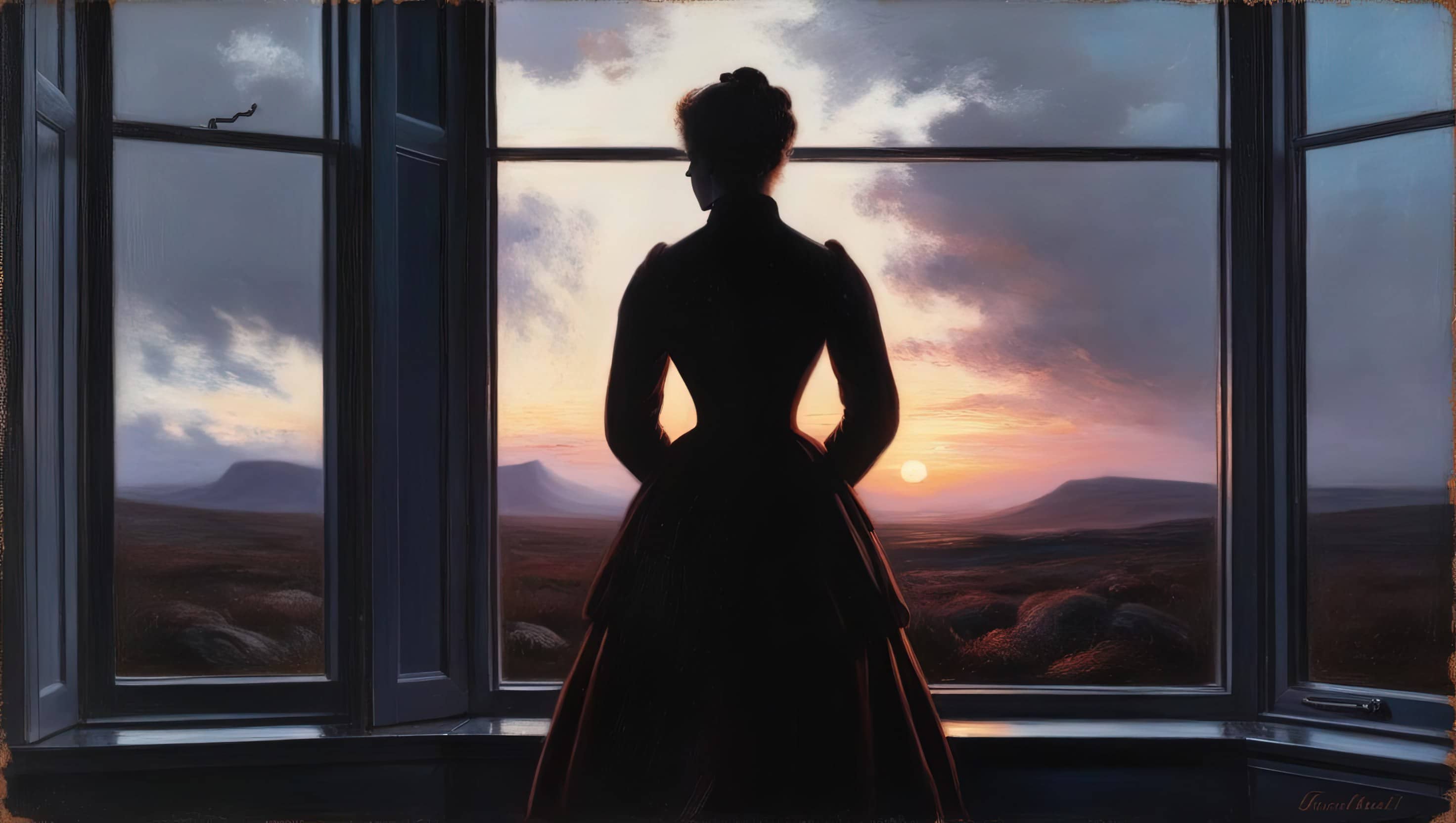 oil painting style image of a silhouette of a woman in front of a window overlooking a moor