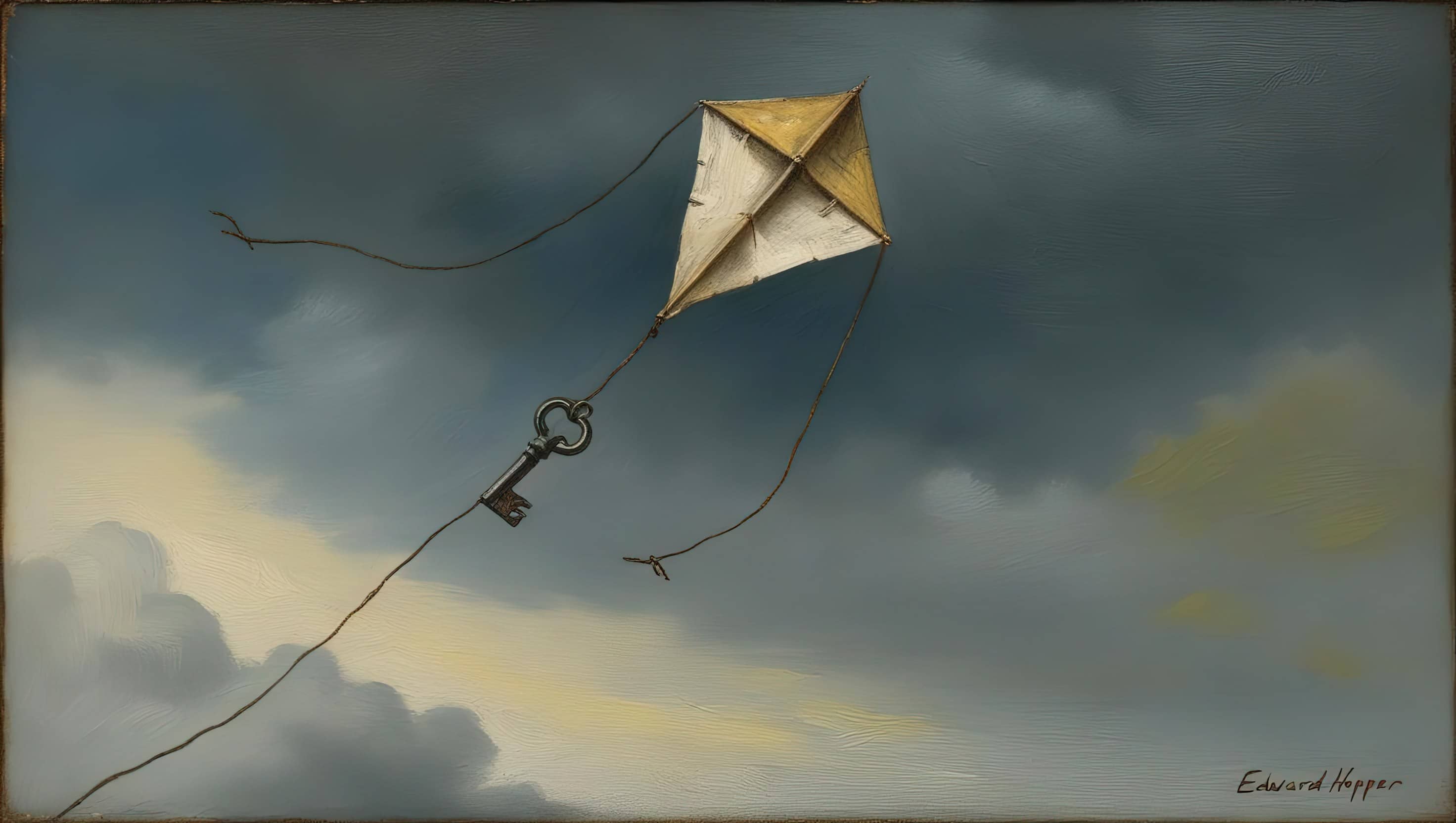 oil painting style image of a kite flying with a metal key attached to the strings, against a cloudy sky