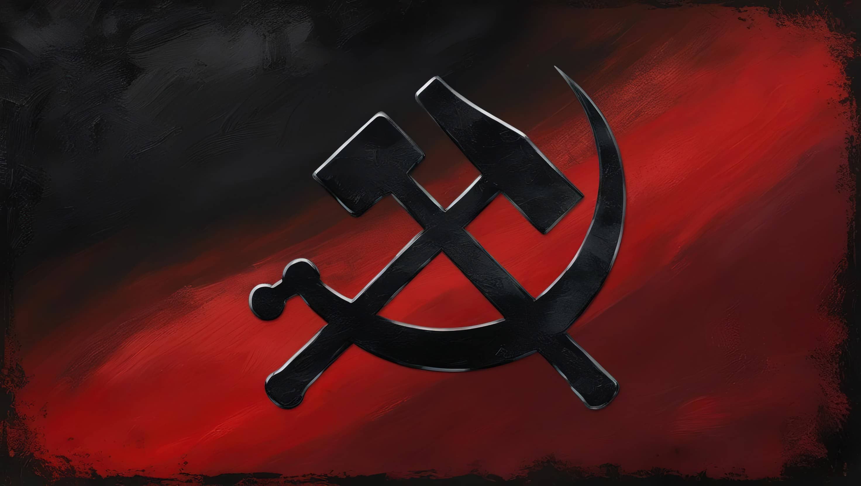 oil painting style image of a hammer and sickle silhouette on a red-and-black gradient background