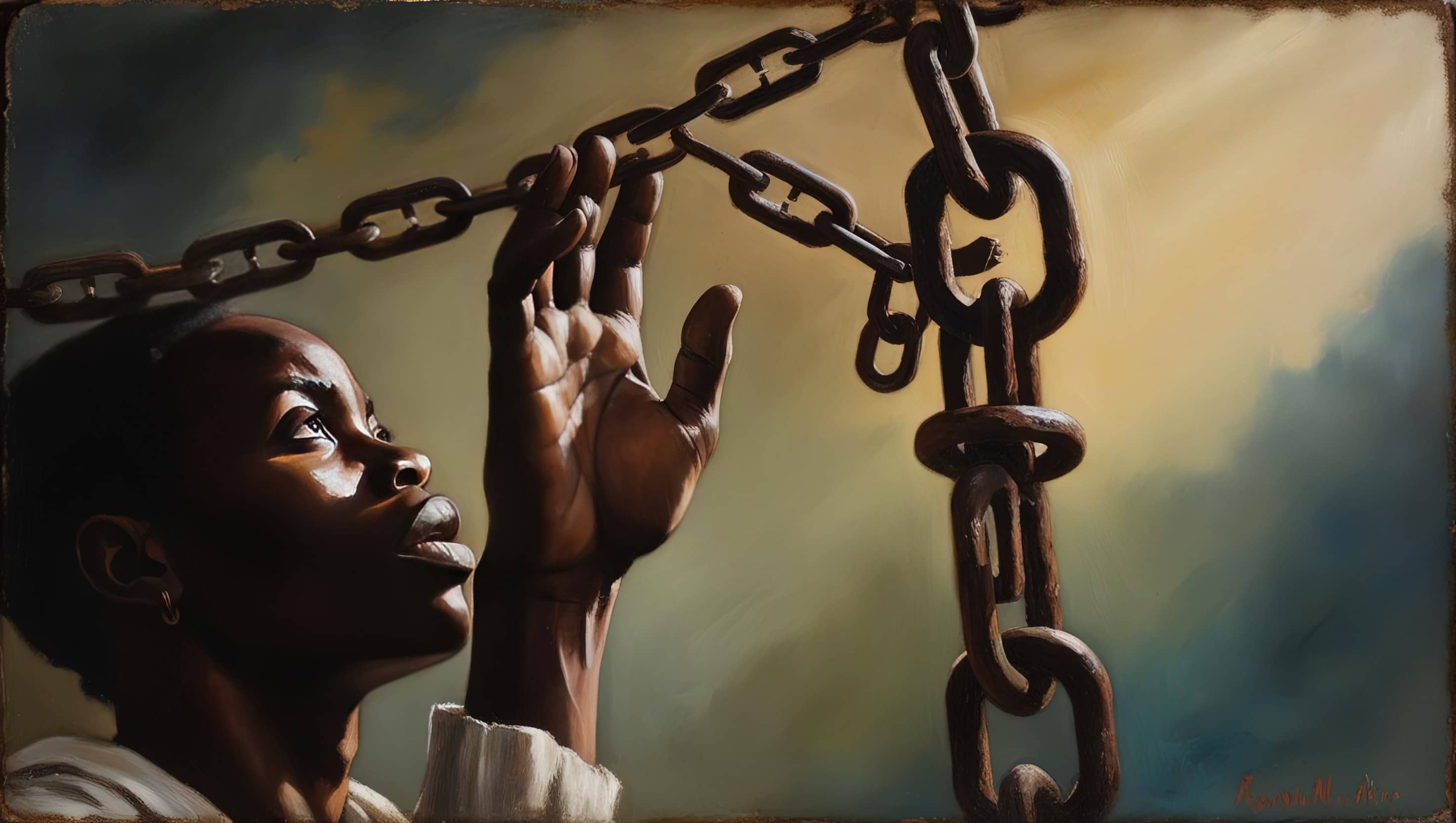 oil painting style image of a hand reaching upward from chains