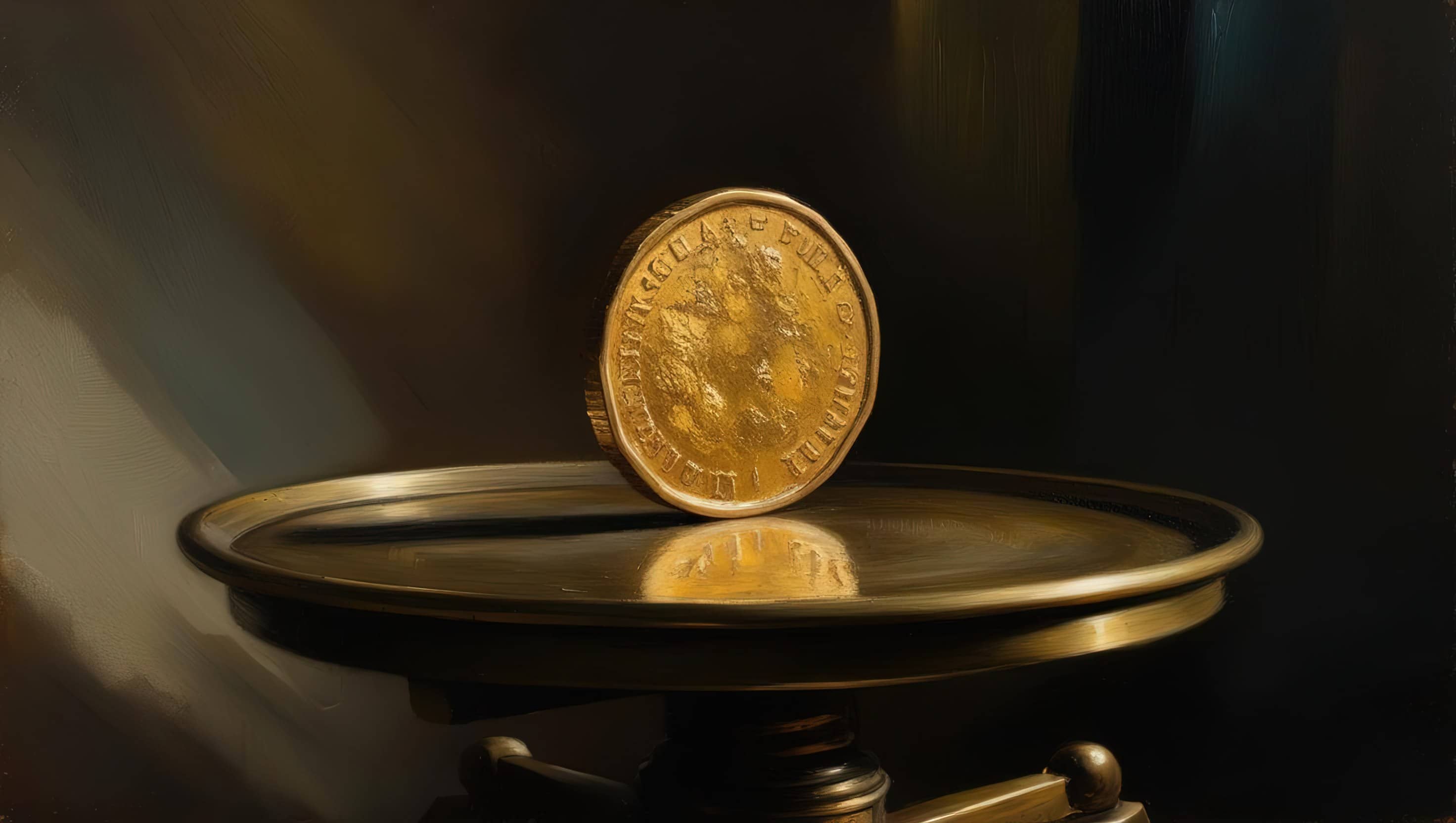 oil painting style image of a golden coin balanced on a scale