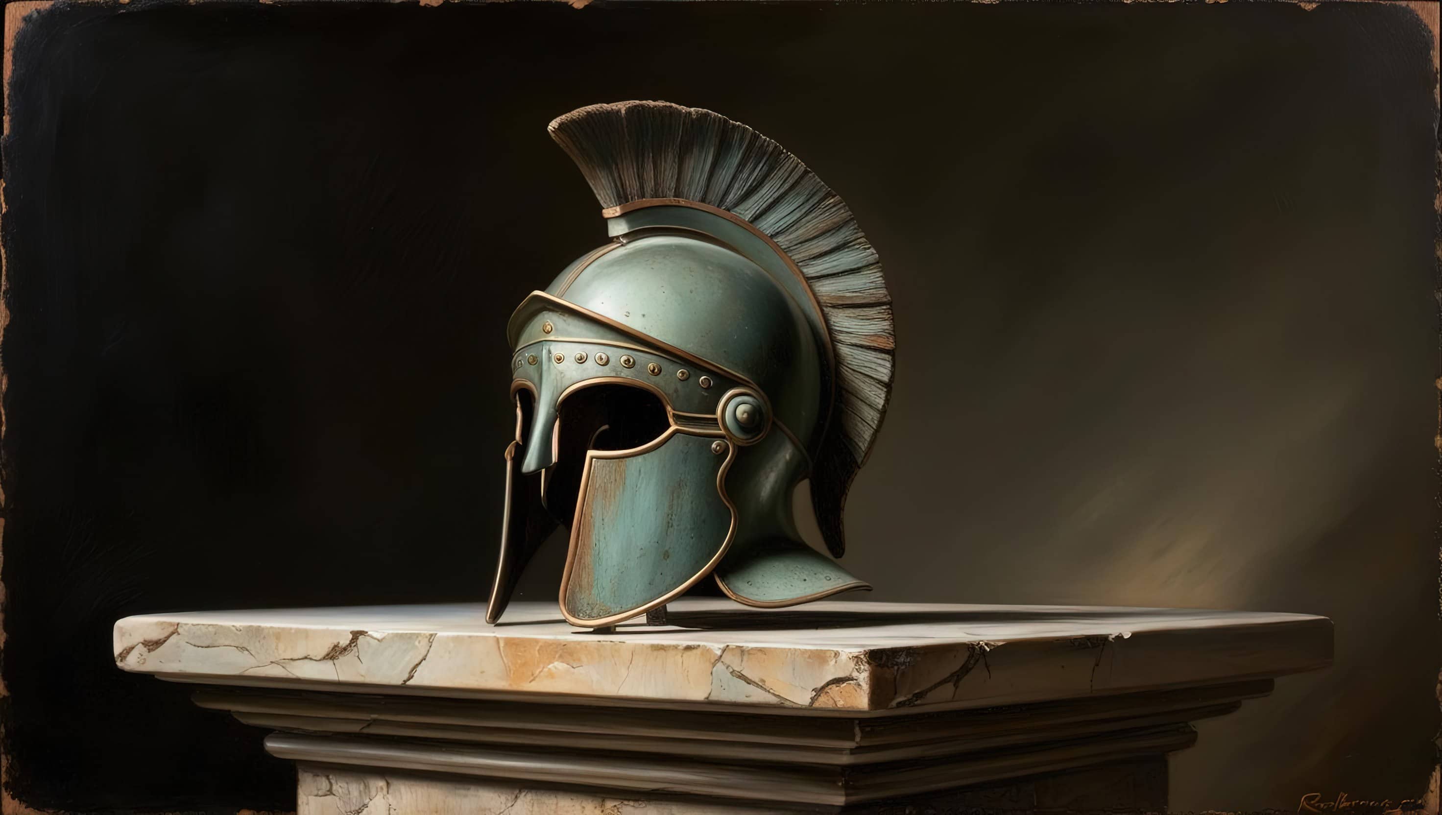 oil painting style image of a bronze Spartan helmet resting on a marble pedestal