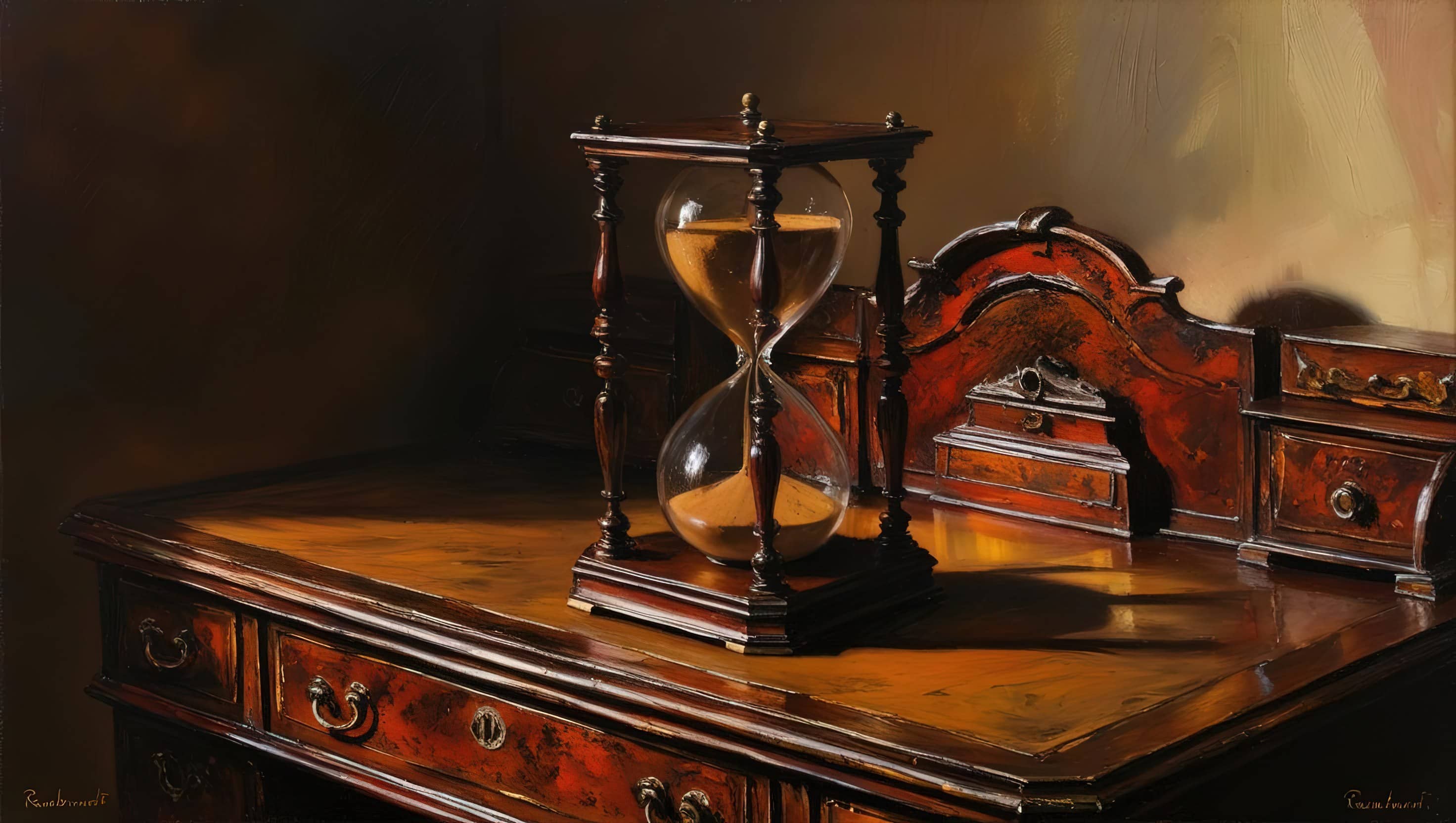 oil painting style image of a hourglass on an antique desk