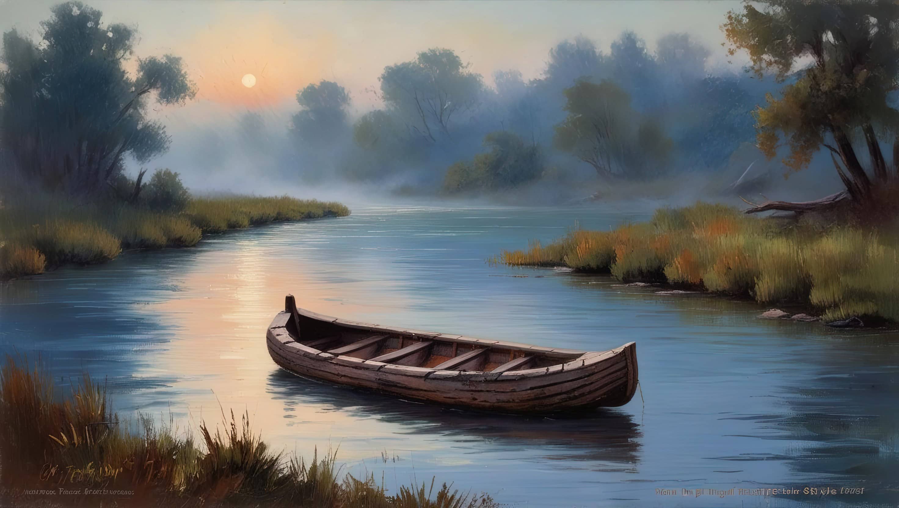 oil painting style image of a serene river landscape with a small wooden raft floating by