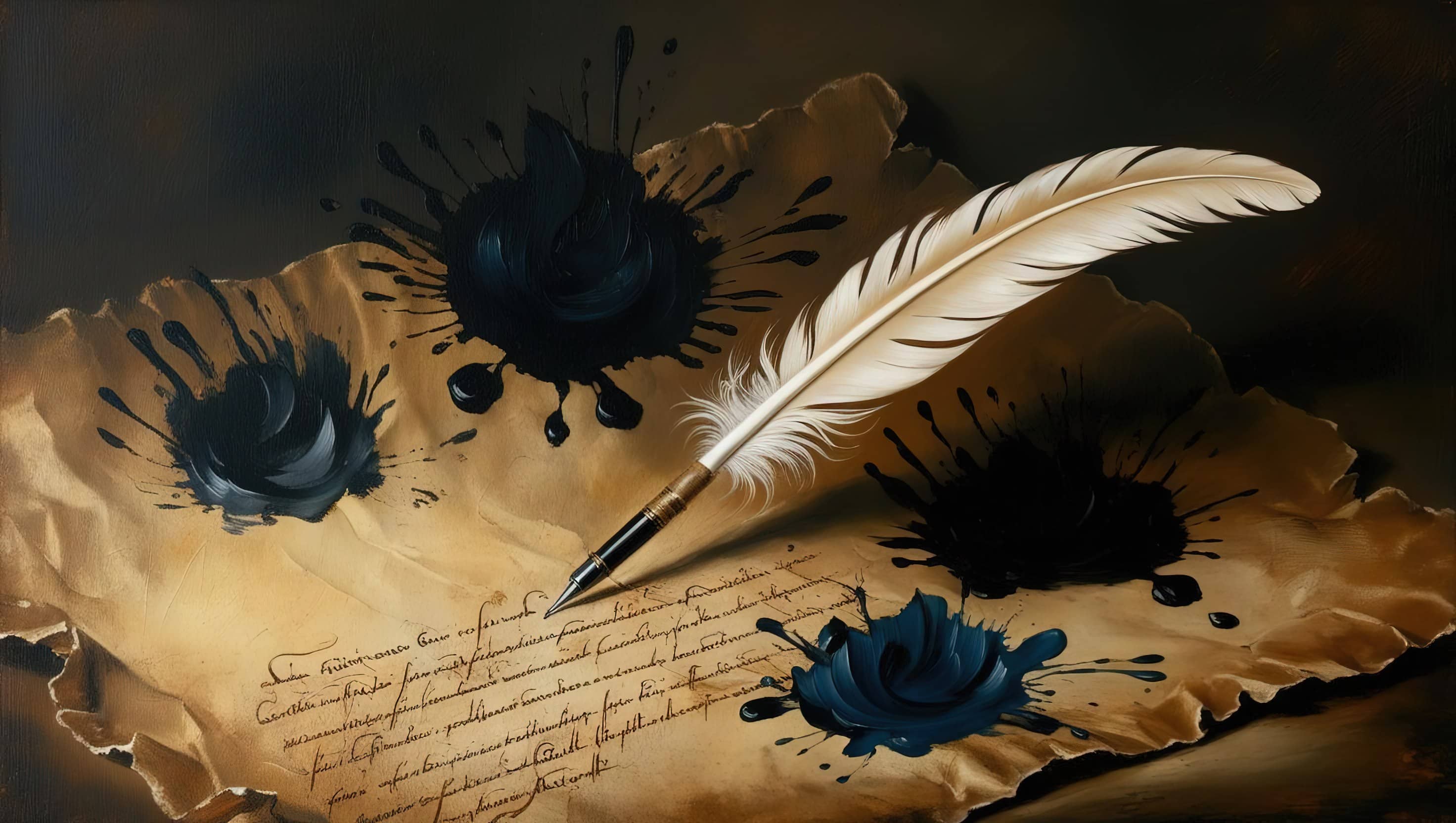 oil painting style image of a quill writing on parchment surrounded by ink blots