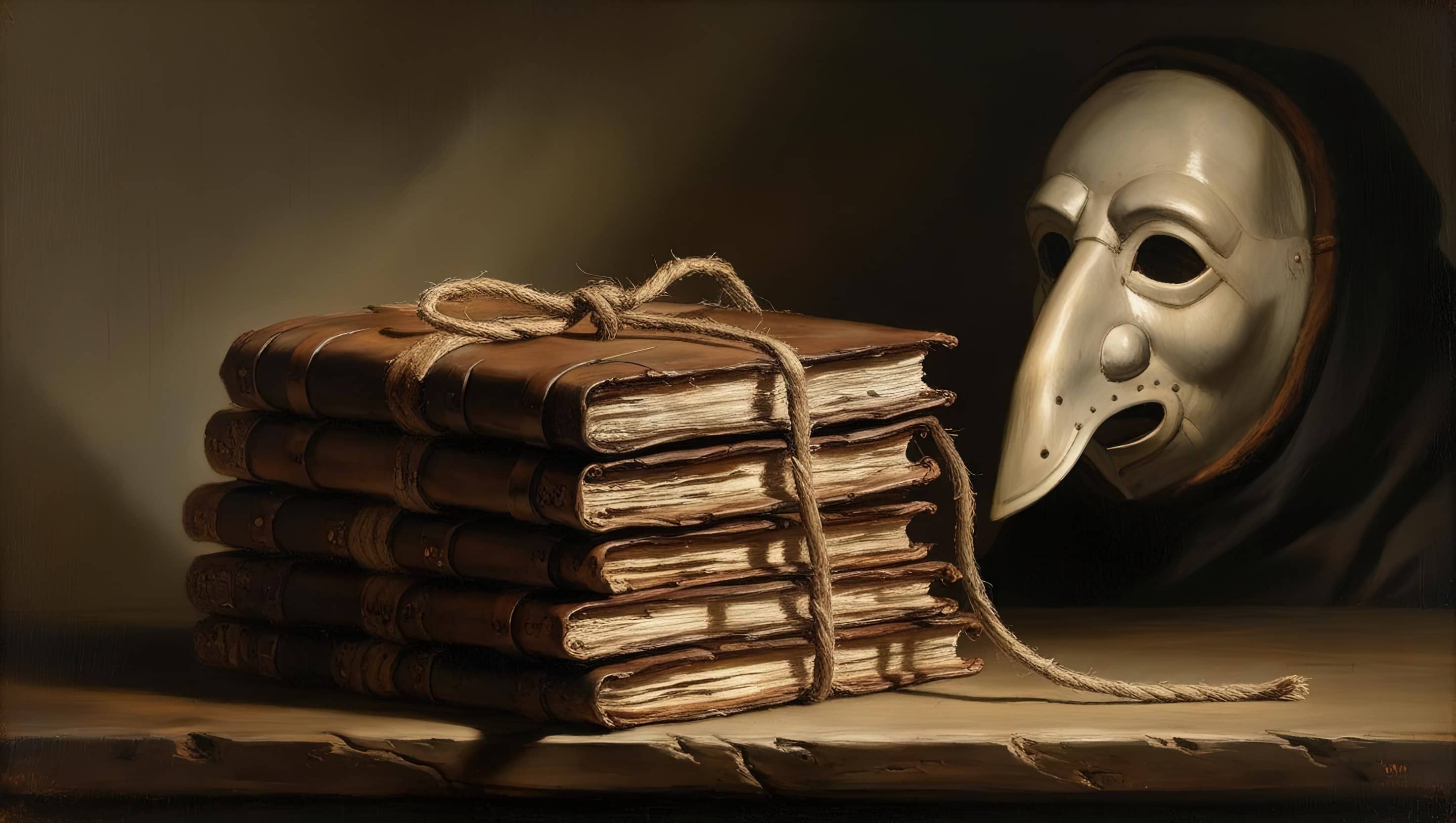 oil painting style image of a stack of old manuscripts tied with twine, with a plague doctor mask in the background