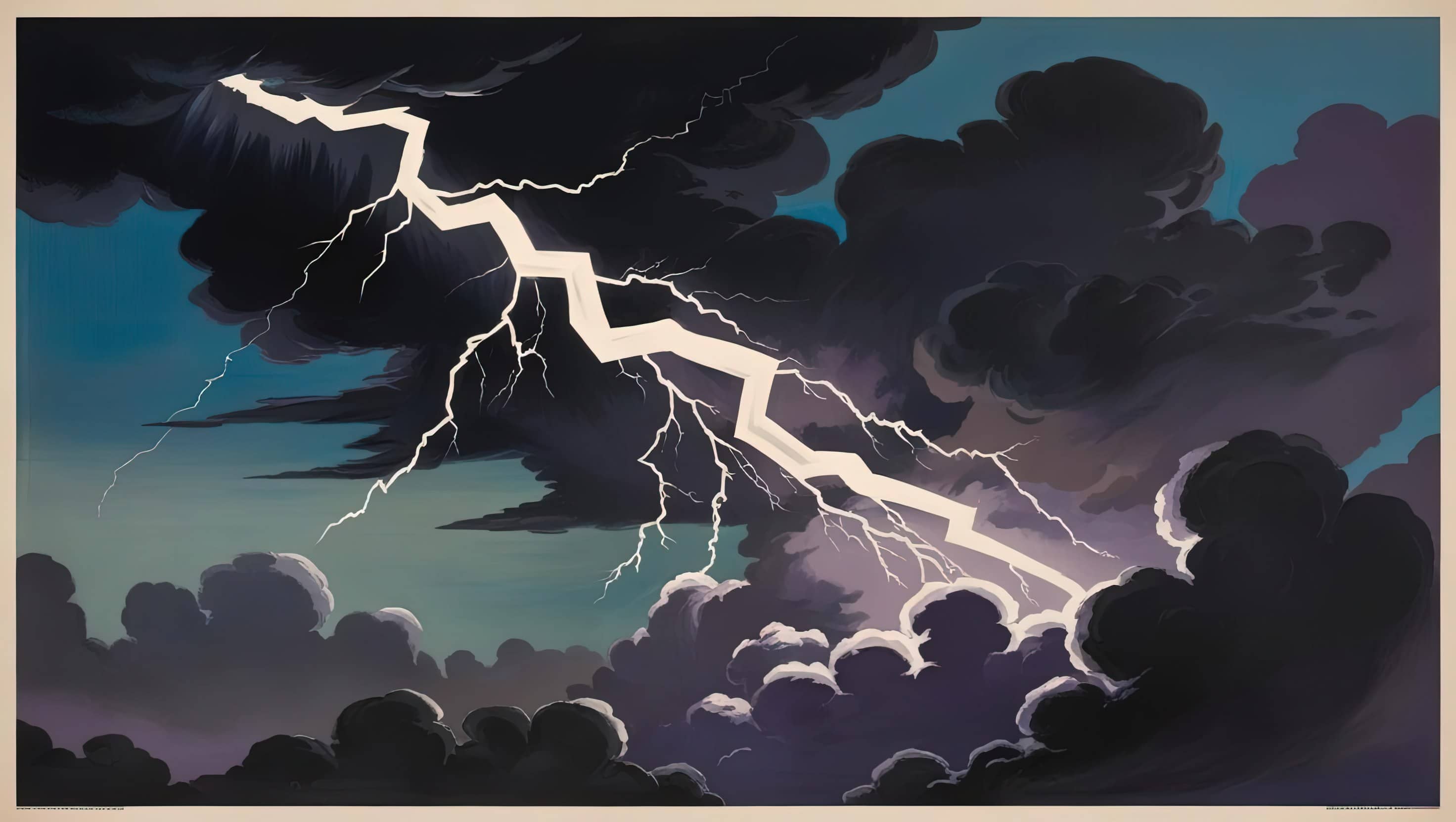 oil painting style image of a stormy sky with a jagged bolt of lightning