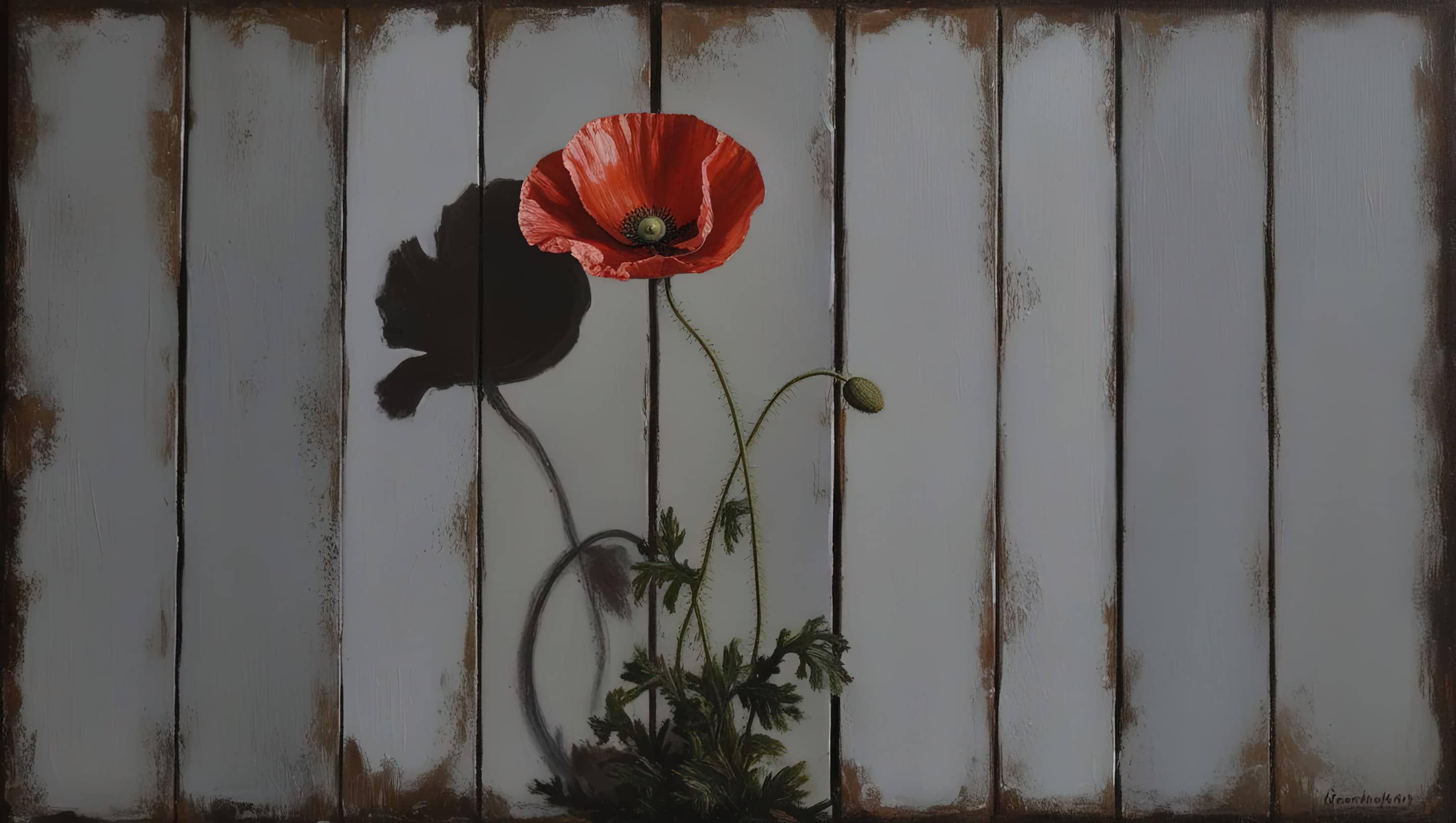 oil painting style image of a delicate flower against a rustic background