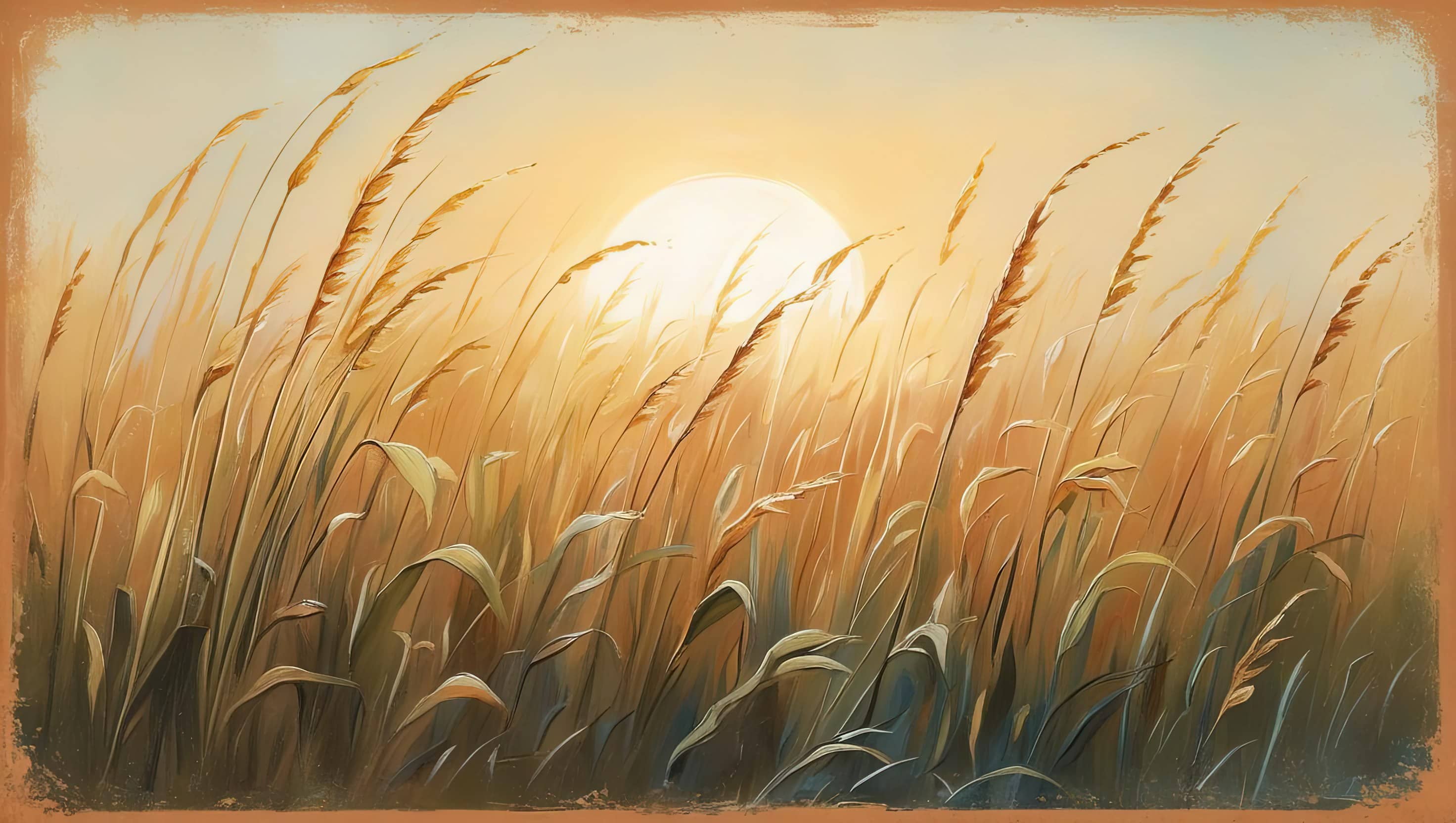 oil painting style image of tall grass swaying in the wind under a soft sunrise